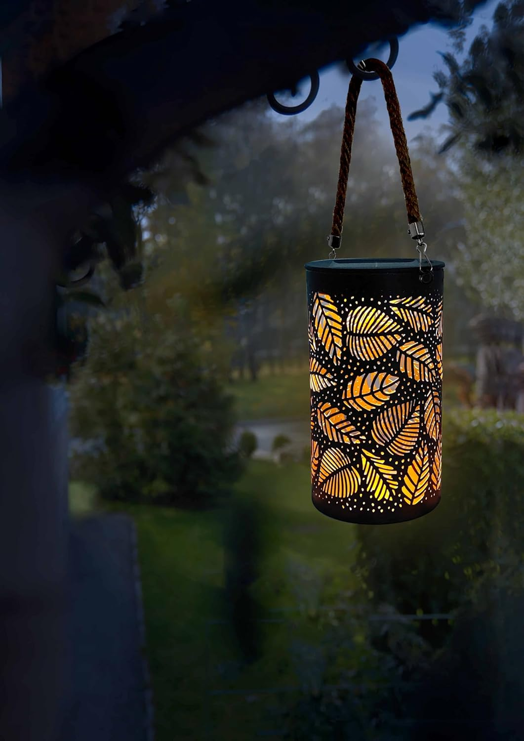 Ironwork Solar Lanterns Outdoor Hanging Lights, Metal Solar Powered Table Lamp Hollowed Out Waterproof Lanterns for Garden Decor outside Patio Yard Pathway (Leaves) image number 2