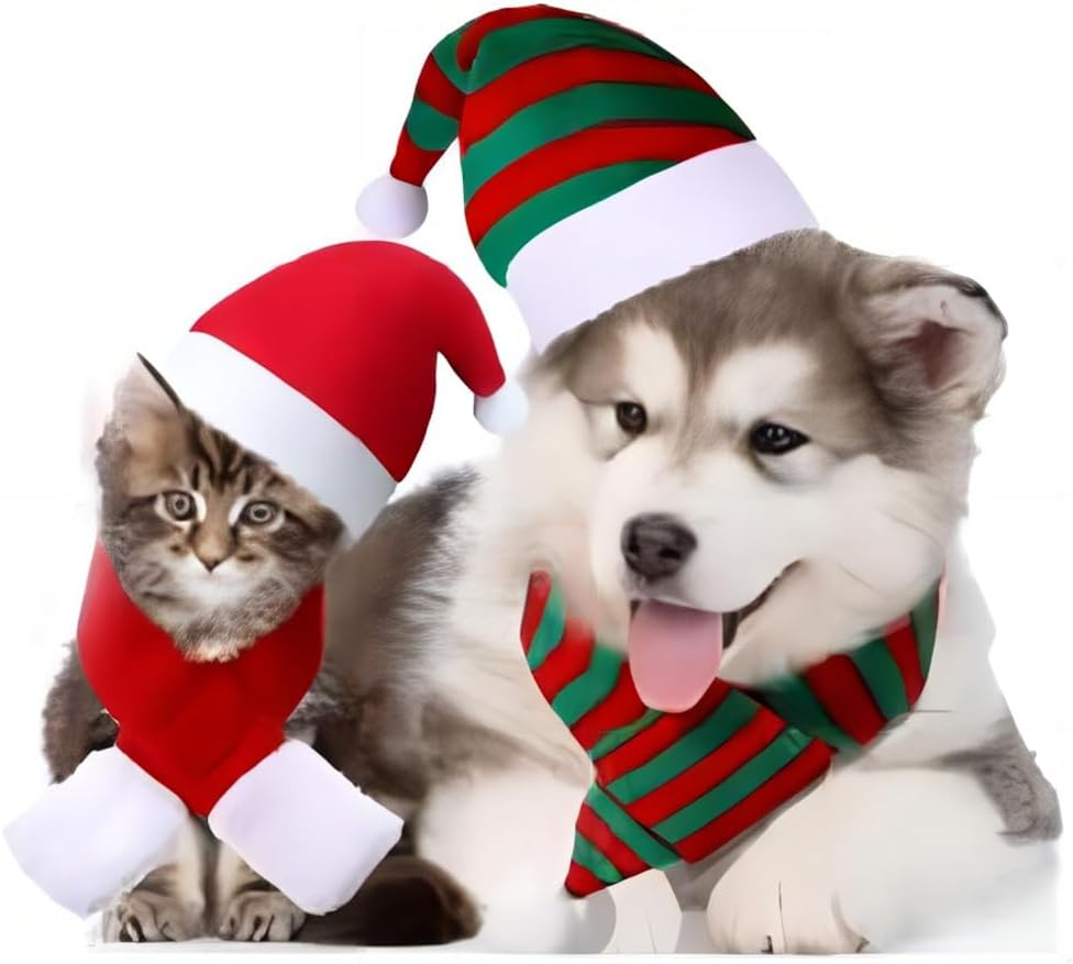 PLUSHCEWT Pack of 4 Pet Christmas Costume Mini Christmas Hat and Scarf Dog Cat Christmas Accessories Christmas Costume for Cats and Small Dogs Christmas Party Cosplay Accessories