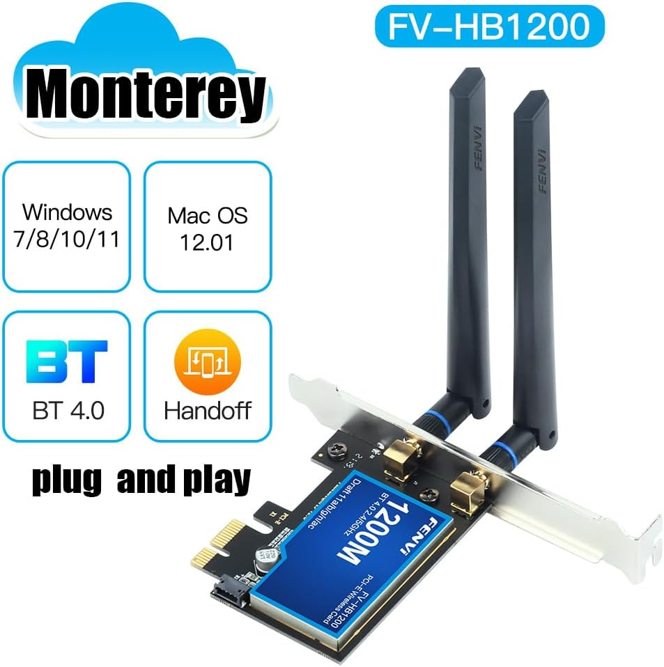 PCI-E Wifi Card BT4.0 for Macos Windows 7/8/10/11 802.11A/G/N/Ac PCI-E PCI Network Adapter Mac-Compatible Wi-Fi Airdrop Handoff Instant Hotspot Macos MIMO Mac OS X Natively Supported BCM4360 AC1200