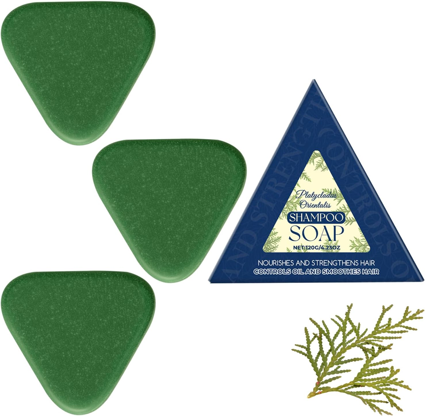 Nature Triangleted Shampoo Bar Hair Soap, Platycladus Orientalis Shampoo Soap, Gentle on Hair & Scalp for Women and Mens, Strengthens Smooths (1PCS)