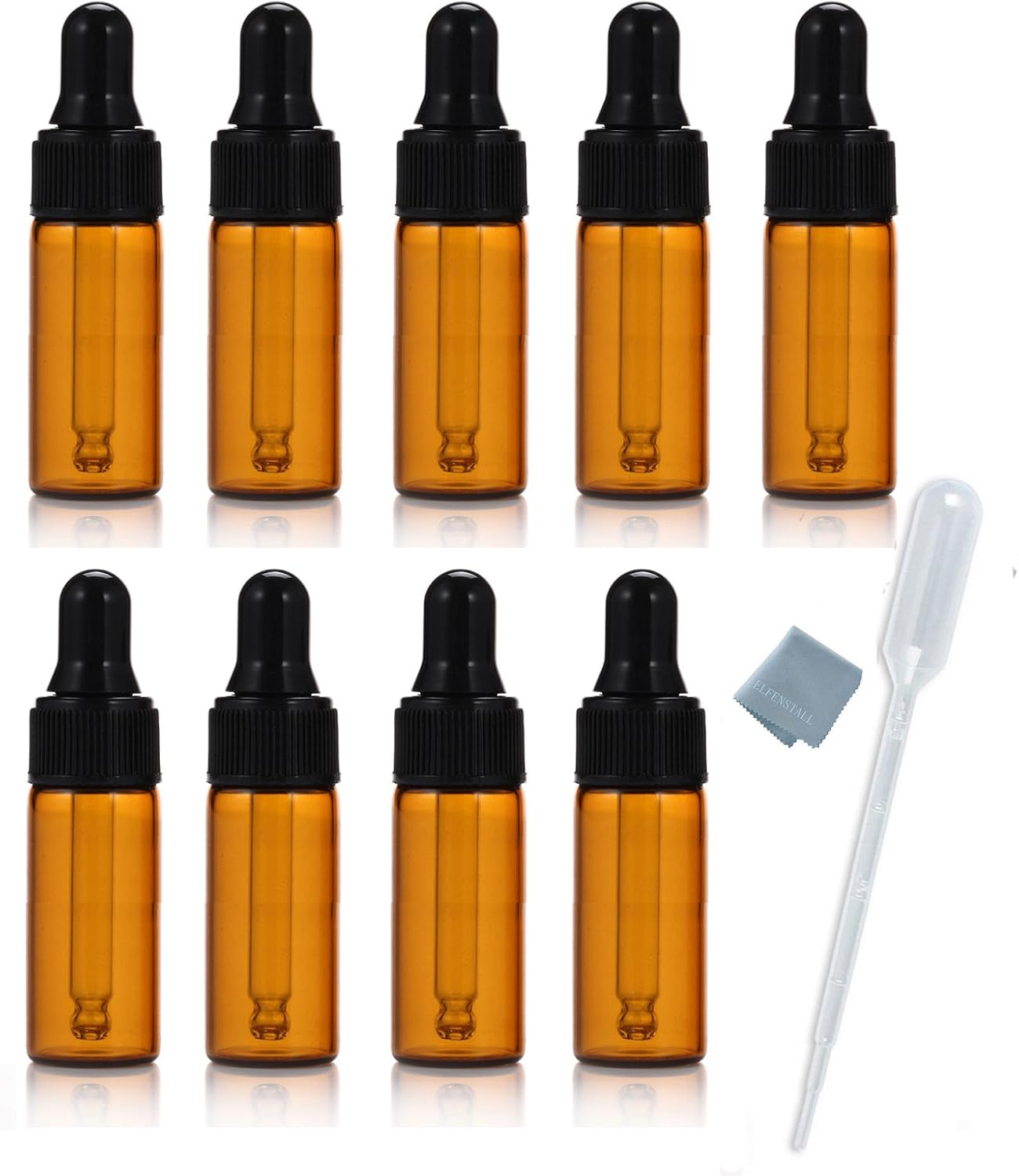 Simple-E 10Pcs 5Ml 1/6Oz Amber Mini Glass Bottle Amber Sample Vial Small Essential Oil Bottle with Glass Eye Dropper + 1Pc Glass Clean Cloth + 1Pc 3Ml Dropper (10) image number 5