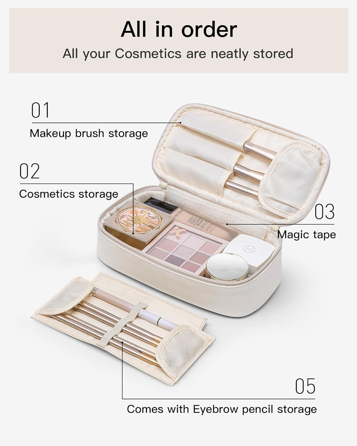 Vlando Travel Makeup Bag, Small Travel Beauty Bag Cosmetic Bag for Women Portable Makeup Organizer Case Bag Makeup Brush Organizer Pouch-White, Pillow White-Large - 01-Apricot White image number 6