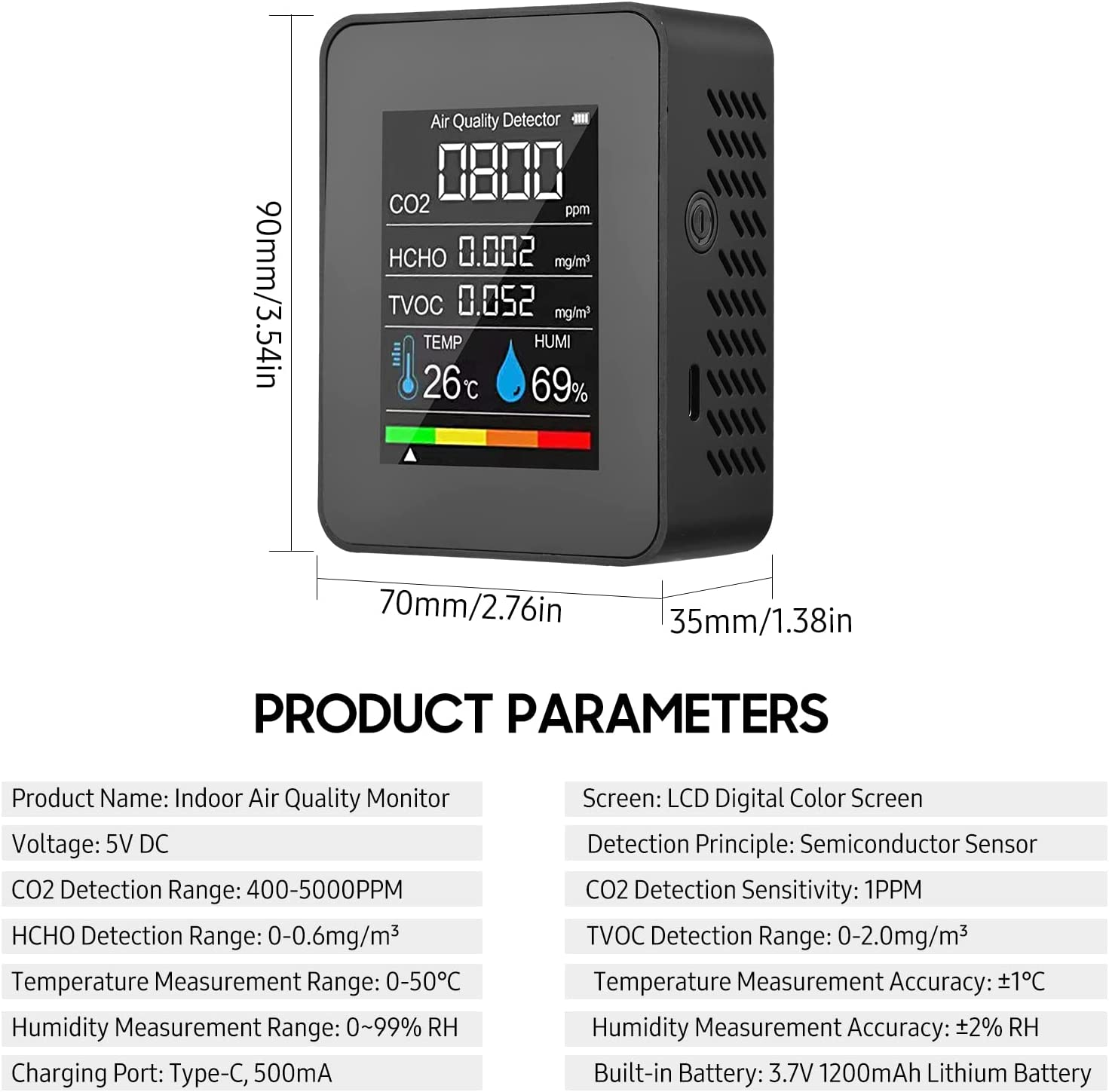 Portable Air Quality Monitor Indoor CO2 Detector 5 in 1 Formaldehyde HCHO TVOC Tester LCD Temperature Humidity Tester Rechargeable CO2 Alarm Meter for Room Office Greenhouse Warehouse image number 2