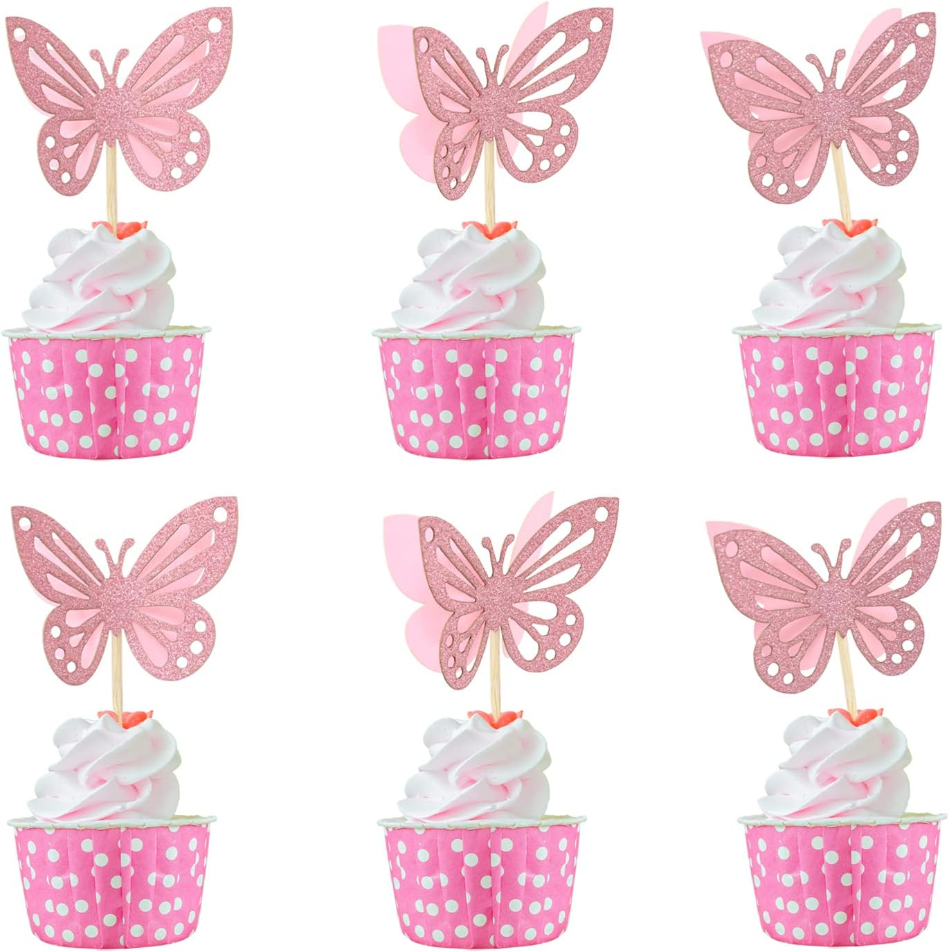 Yueton 24PCS 3D Butterfly Cupcake Toppers Double Layers Glitter Butterfly Cake Toppers Cake Decorations Butterfly Cupcake Picks Cocktail Picks for Theme Party Birthday Wedding Baby Shower Supplies