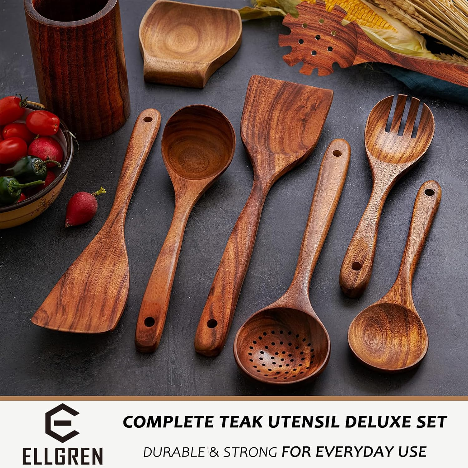 10 Pcs Wooden Cooking Utensils Set, Wooden Spoons for Cooking - Teak Wooden Utensil Set with Holder, Spoon Rest & Hooks - Sturdy, Lightweight and Heat-Resistant