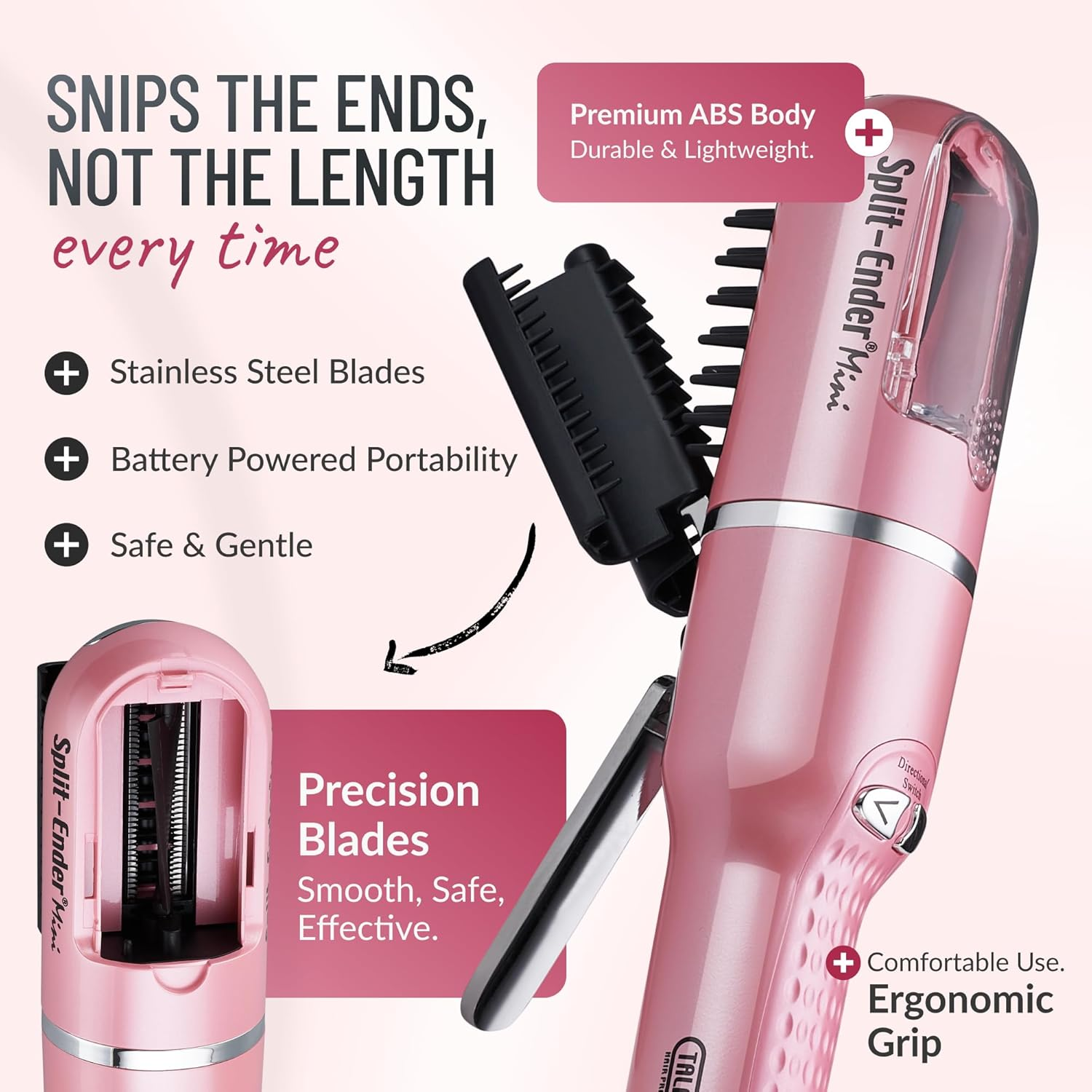 Split Ender Mini &ndash; Original Cordless Split End Hair Trimmer for Dry, Damaged, Brittle, Curly, Frizzy, or Straight Hair &ndash; Battery Operated Home Styling Tool for Split Ends (Battery-Powered, Light Pink) image number 2