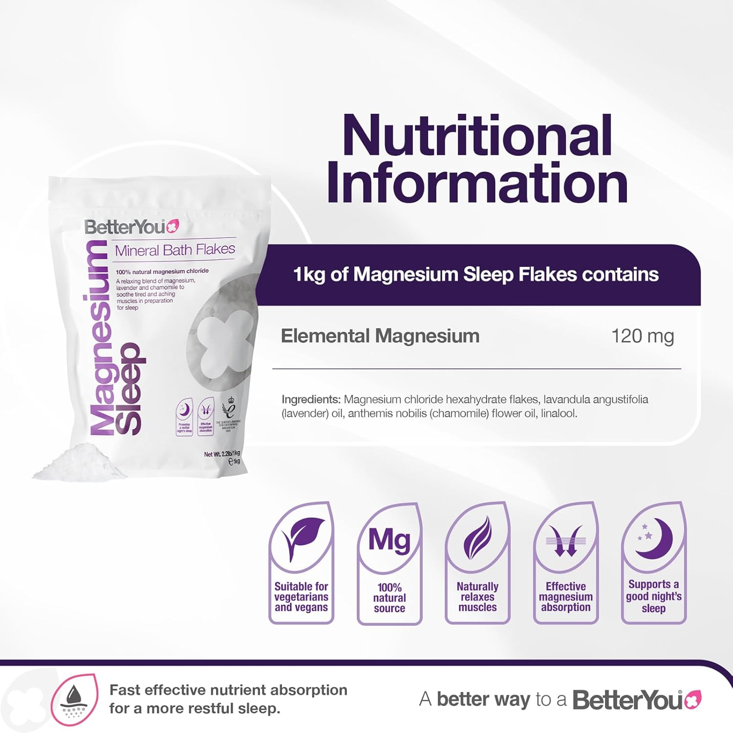Betteryou Magnesium Sleep Bath Flakes - Magnesium Bath Soak - 750 G image number 3