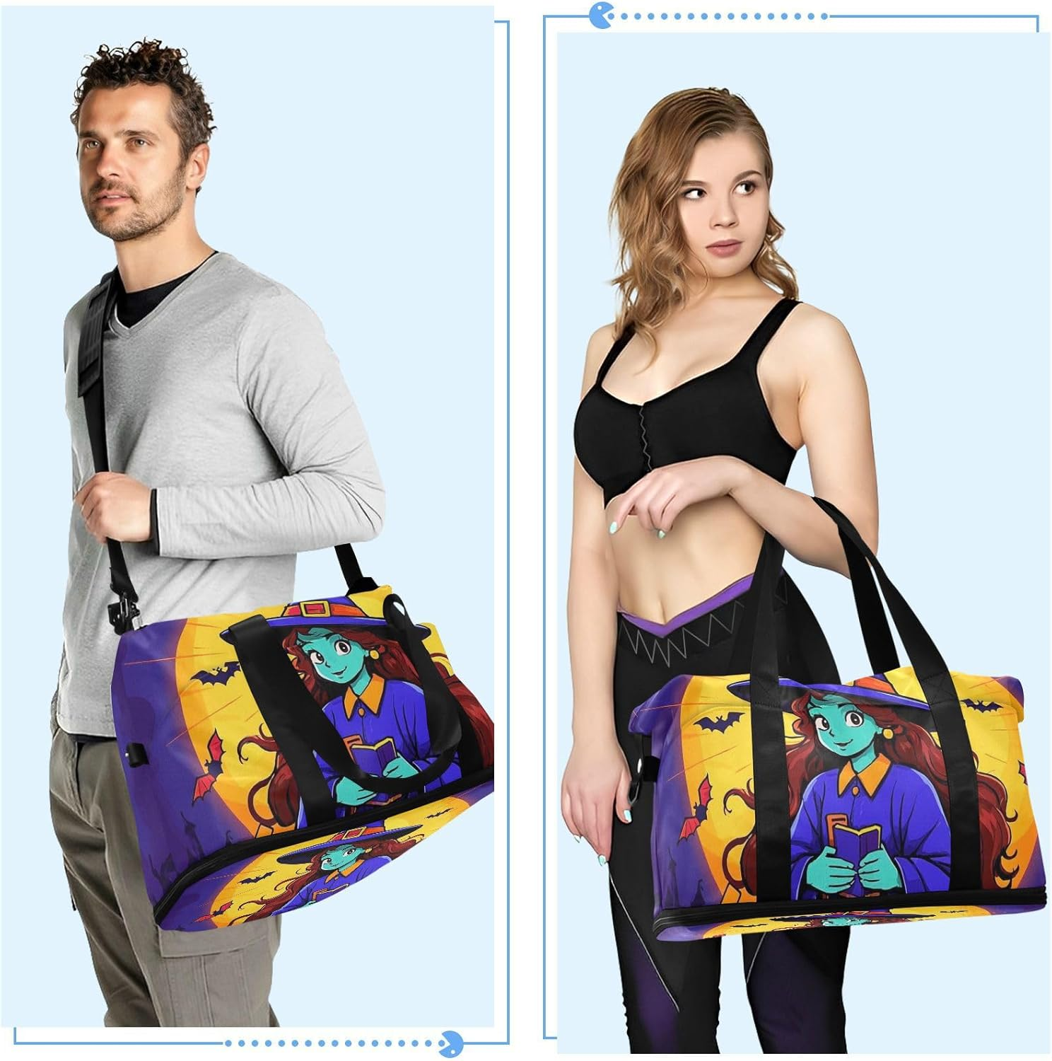 Happy Halloween Cartoon Cute Witch Overnight Travel Duffel Bag Travel Weekender Gear Bag with Toiletry Bag for Trip Waterproof, Happy Halloween Cartoon Cute Witch, 1 Size image number 3