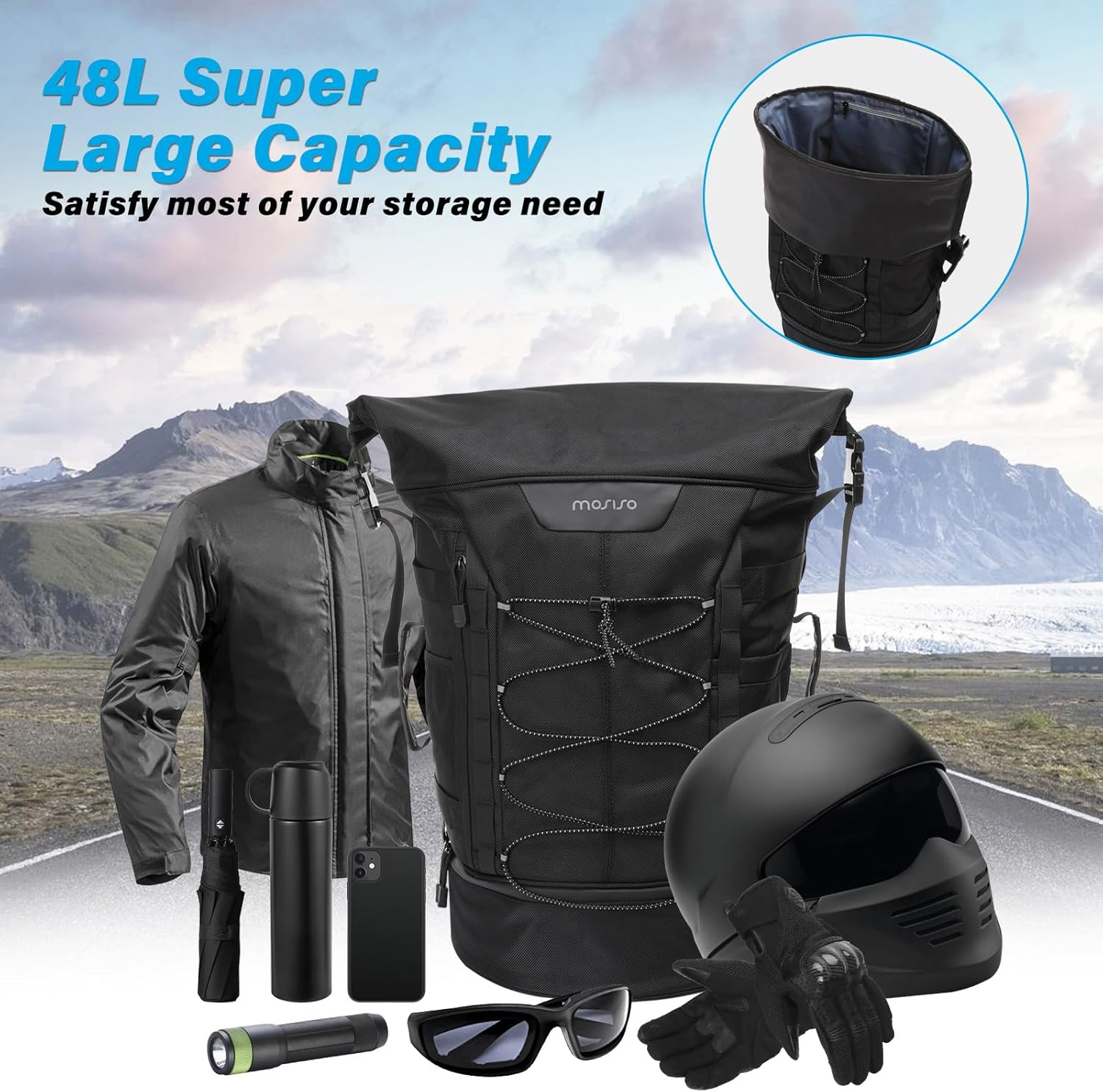 MOSISO Motorcycle Sissy Bar Backrest Bag Travel Luggage, Large Capacity Duffle Expandable 30L-48L, Motorcycle Gear Tail Bag with Rain Cover&Shoulder Strap, Black image number 1