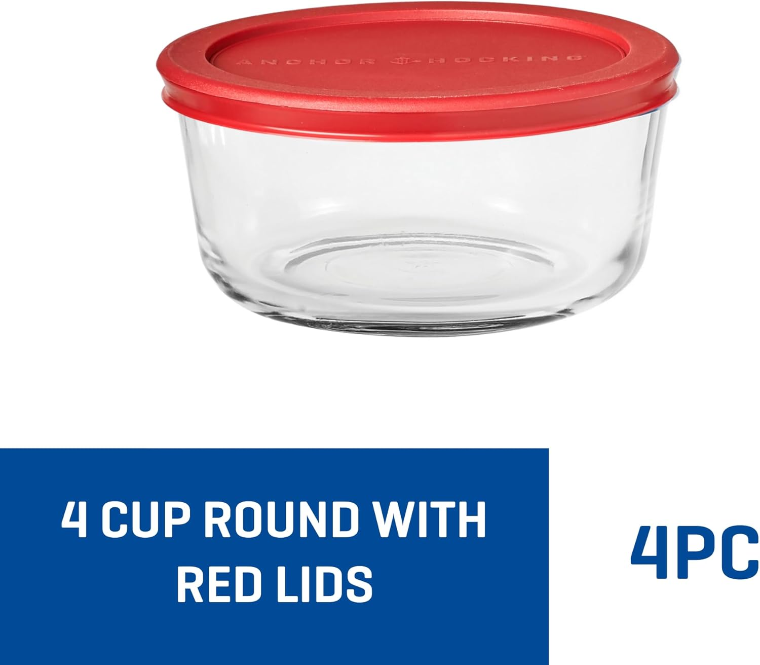 Anchor Hocking Snugfit round Glass Food Storage 4-Piece Container Set with Lids, Red &ndash; Durable Tempered Glass for Oven, Microwave, Freezer & Dishwasher Use &ndash; Resists Stains, Odors &ndash; 4-Cup Capacity image number 4