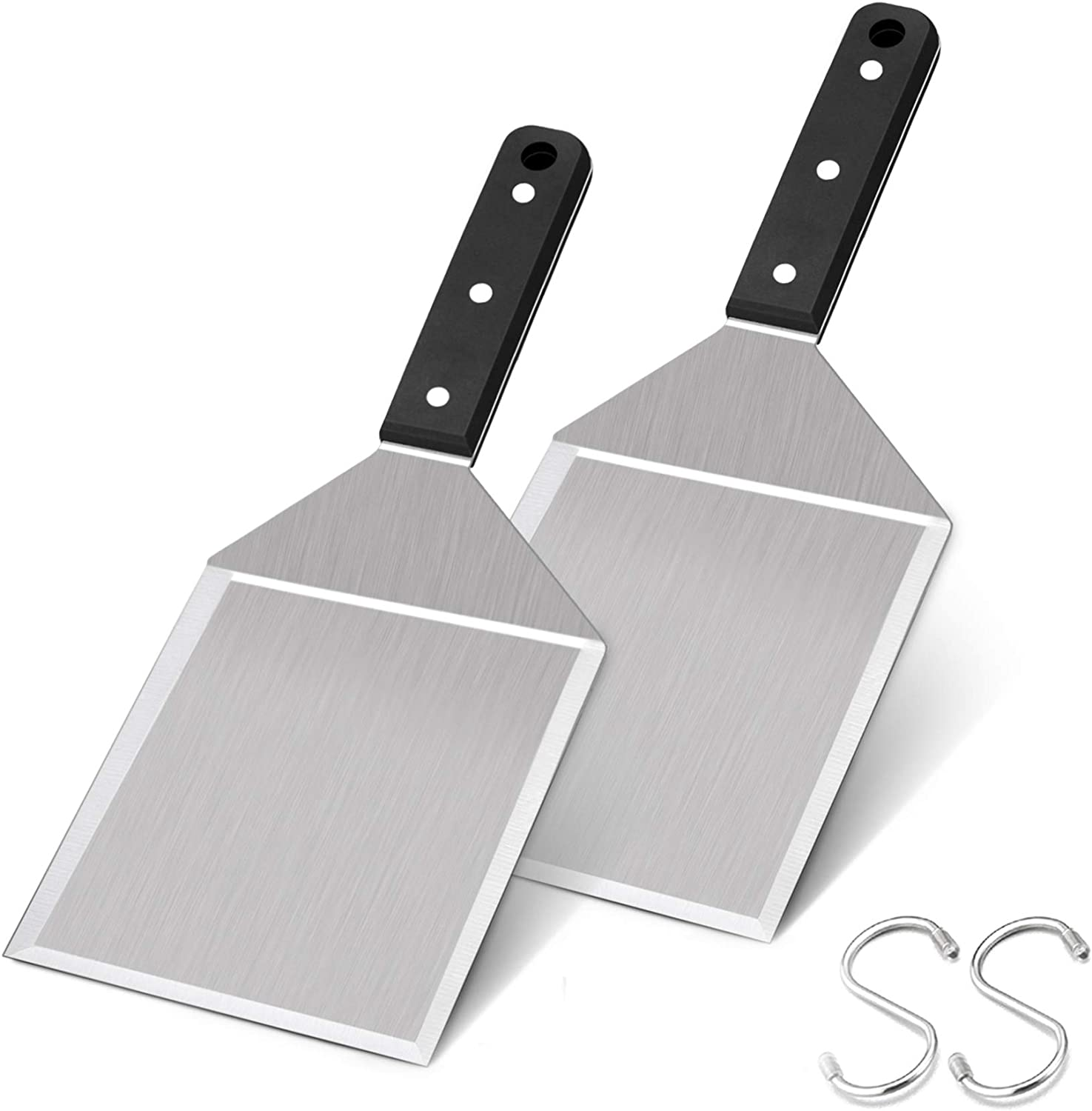 Leonyo Metal Spatula Set of 2, Stainless Steel Griddle Hamburger Spatula, as Barbecue Turner Grilling BBQ Griddle Accessories, Triple Rivets & 2 X S Hook, Heavy Duty & Easy Press, Smash Burgers