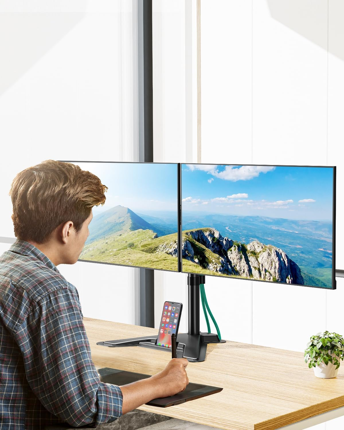 MOUNT PRO Dual Monitor Stand, Free-Standing Full Motion Monitor Desk Mount Fits 2 Screens up to 27 Inches,17.6Lbs with Height Adjustable, Swivel, Tilt, Rotation, VESA 75X75 100X100, Black image number 5