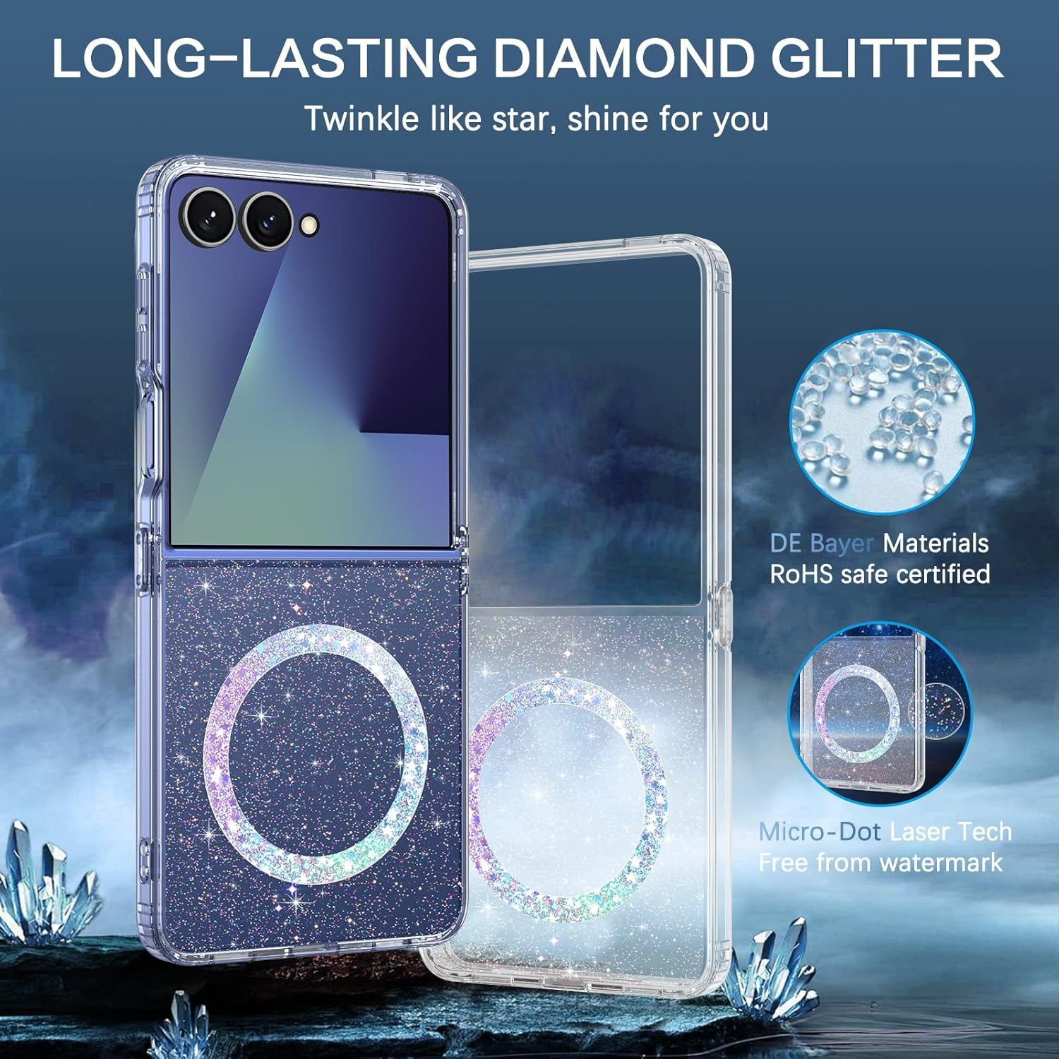 Gaobao Magnetic for Samsung Flip 7 Case, Slim Fit Z Flip7 Case, Compatible with Magsafe, Transparent Shockproof Protective Sparkle Shiny Girls Women Cover for Samsung Galaxy Z Flip7, Clear Glitter image number 5