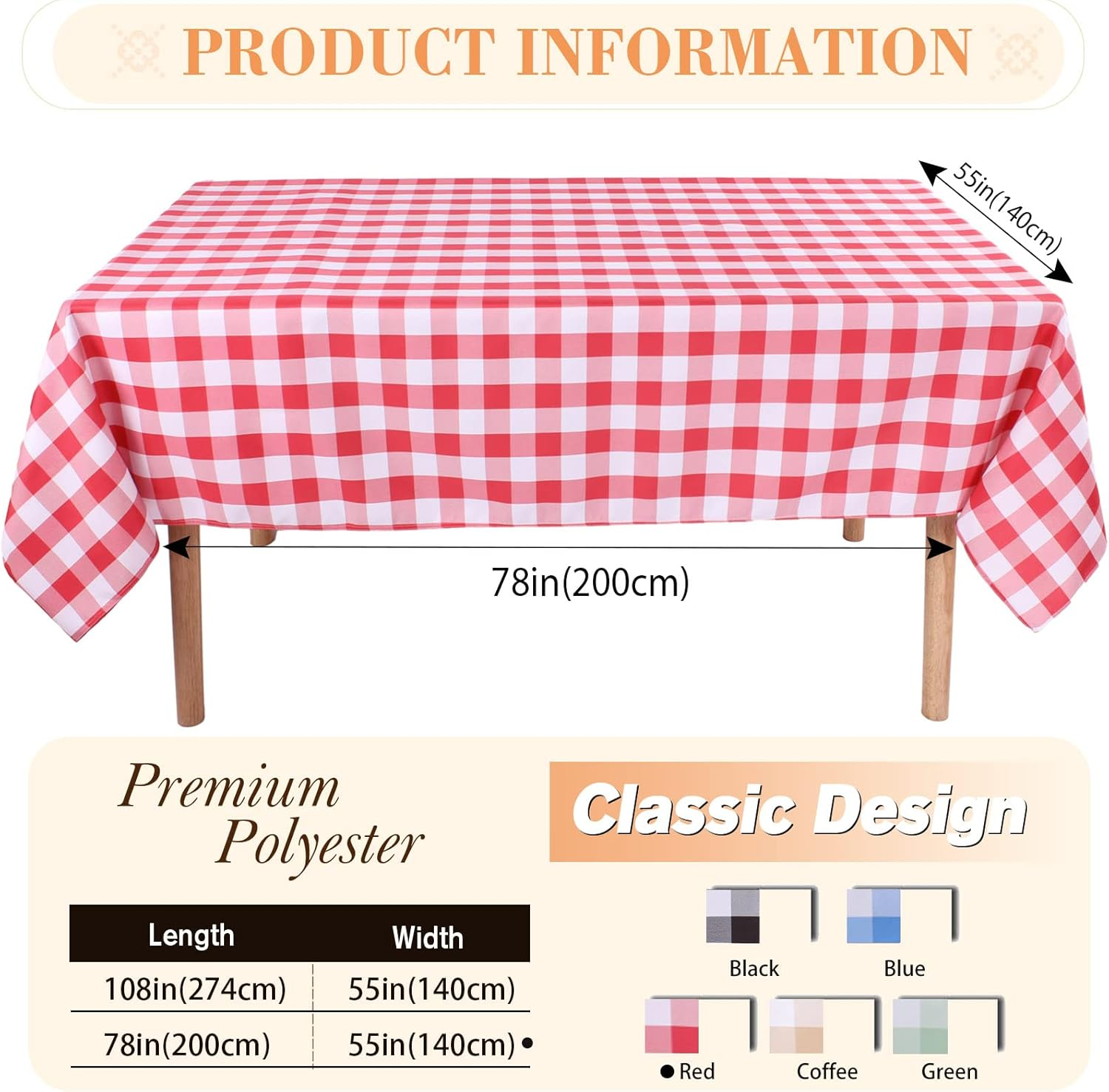 Kesfey Red Gingham Tablecloth Polyester 140X200Cm, Rectangle Checkered Tablecloth Spillproof and Wrinkle Resistant for Outdoor and Indoor Use, Plaid Table Cloth Wipe Clean image number 6