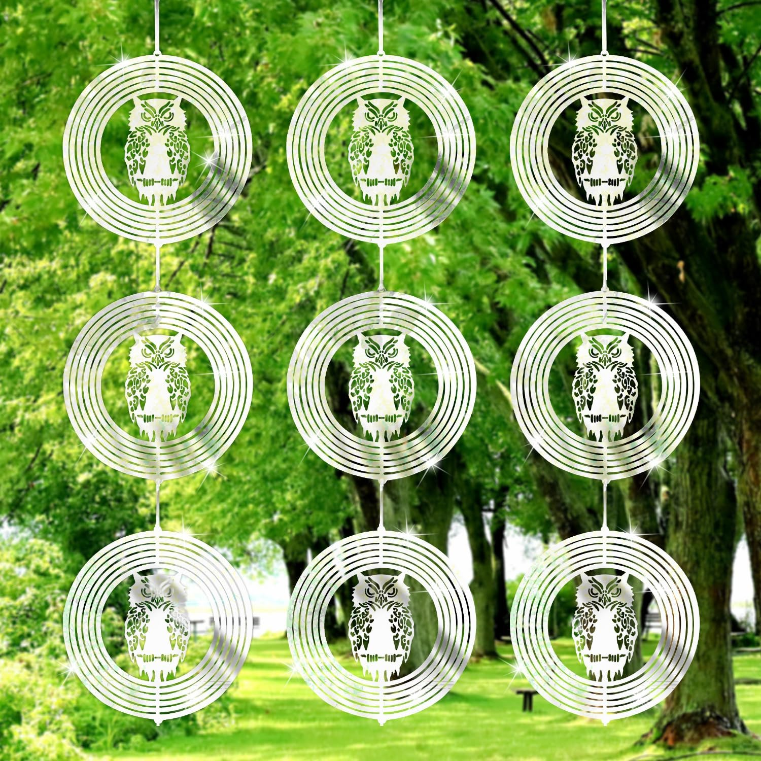 3Pcs Owl Bird Bird Reflective Discs Set, Stainless Steel Disc Highly Reflective Double-Sided Bird Reflectors Metal Wind Spinner Birds Away from Garden Yard Decor