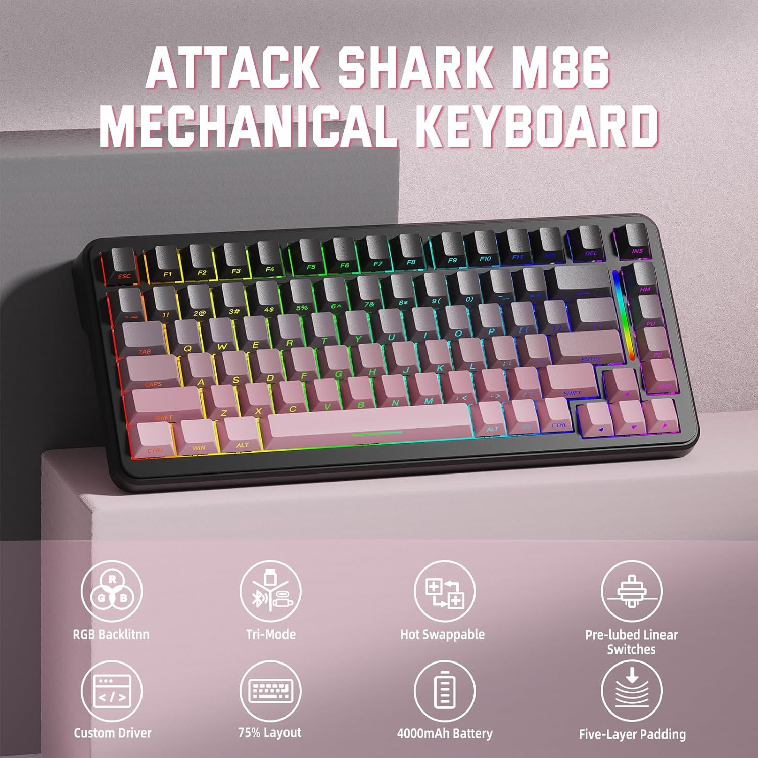 Lexonelec X Attack Shark M86 Pro Wireless Mechanical Keyboard, Bt/2.4G/Wired, 4000Mah, Hot-Swappable Linear Switch, Side-Printed Keycap, QWERTY, RGB Gaming Keyboard with Coiled Cable.(Black Pink)