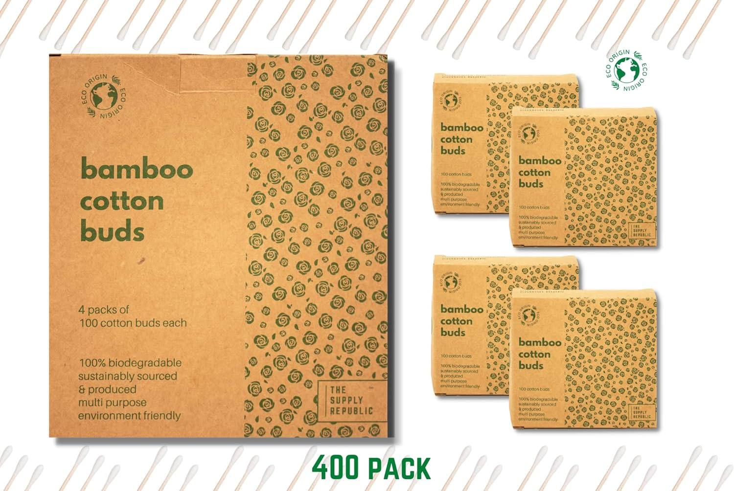 400 Bamboo Cotton Buds |100% Eco-Friendly Biodegradable | Cotton Wool Buds | Compostable Bamboo Earbuds | Recycled Plastic Free Packaging | Cotton Buds Bamboo | Cotton Ear Buds | 400 X Ear Buds Cotton image number 3