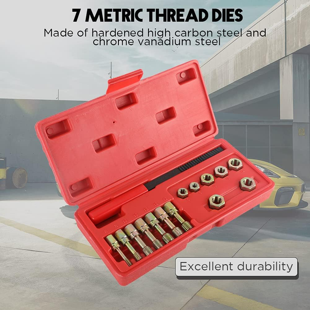 CMTOOL Metric Thread Chaser Set 15Pcs Thread Cleaning Tool Restorer Kit Thread File Tap and Die Set Metric and Standard M6X1.0 M8X1.25 M10X1.25 M10X1.50 M12X1.25 M12X1.50 M12X1.75 Thread Repair Tool image number 1