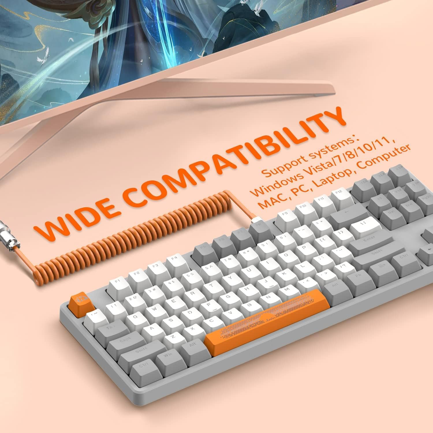 Magic-Refiner AK873 Gaming Keyboard,Hot-Swappable Linear Red Switch,Pbt Keycap,75% TKL Layout,Rainbow Backlit,Ergonomic Mechanical Keyboard with Custom Coiled Usb/Type-C Aviation Cable(Orange Gray) - Blue White/Blue Switch image number 5