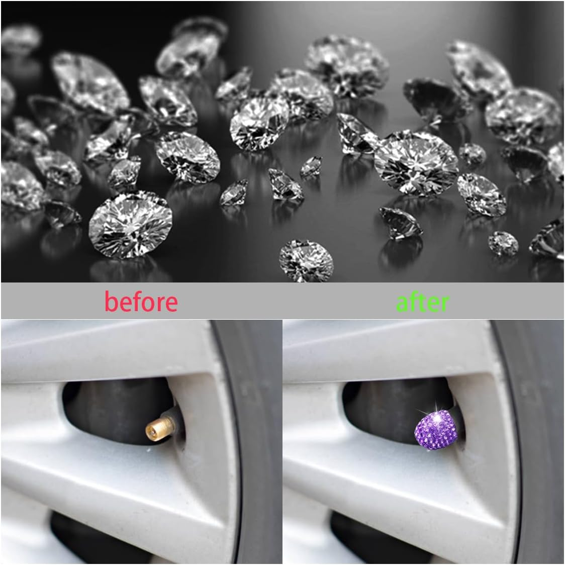 4Pack Car Crystal Rhinestone Tire Valve Caps, Handmade Car Tire Valve Stem Caps, Attractive Dustproof Bling Car Accessories, Universal for Cars, Suvs, Bike, Trucks, Motorcycles (Purple) - Ab Color image number 4