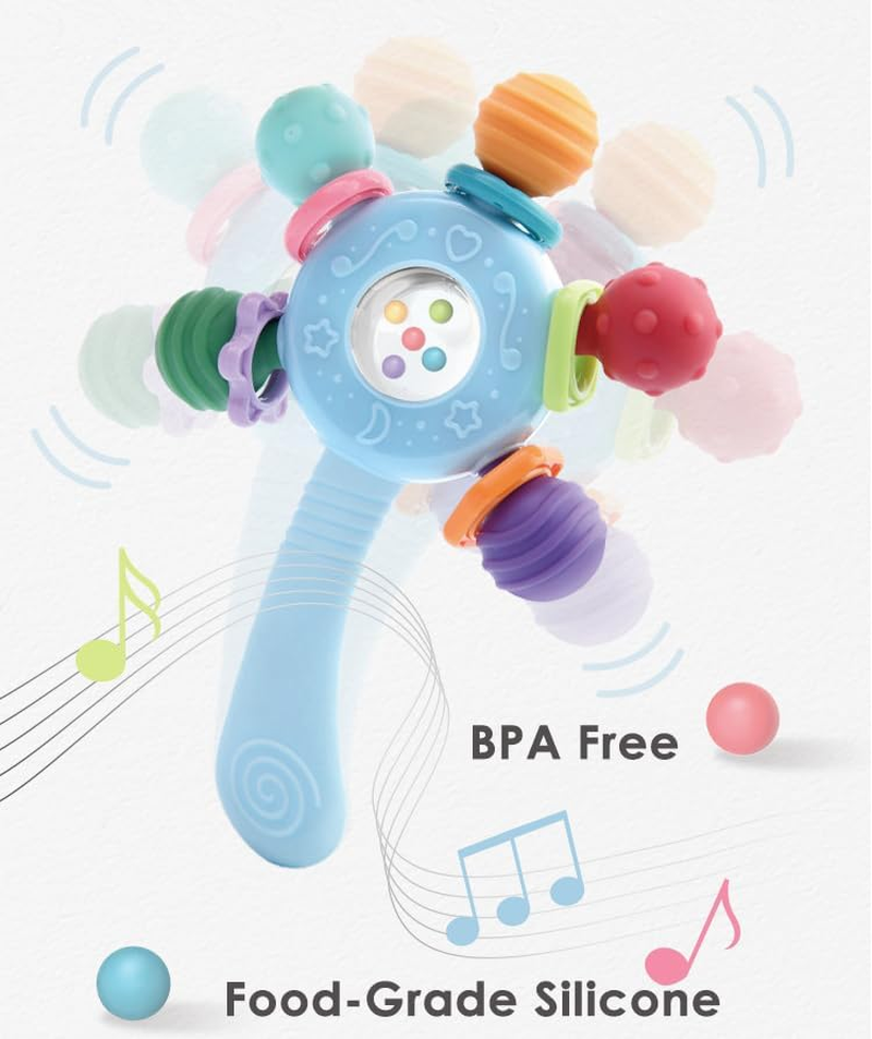 Baby Montessori Sensory Toys for 0-6 6-12 Months, Montessori Early Education Toy, Teething Toy for 3-6 Months, 6-12 Months, Rattle Stick Toy,Baby Rattle, Grasp Training Toy, Baby Teething Toys, Newborn Toys (Blue)