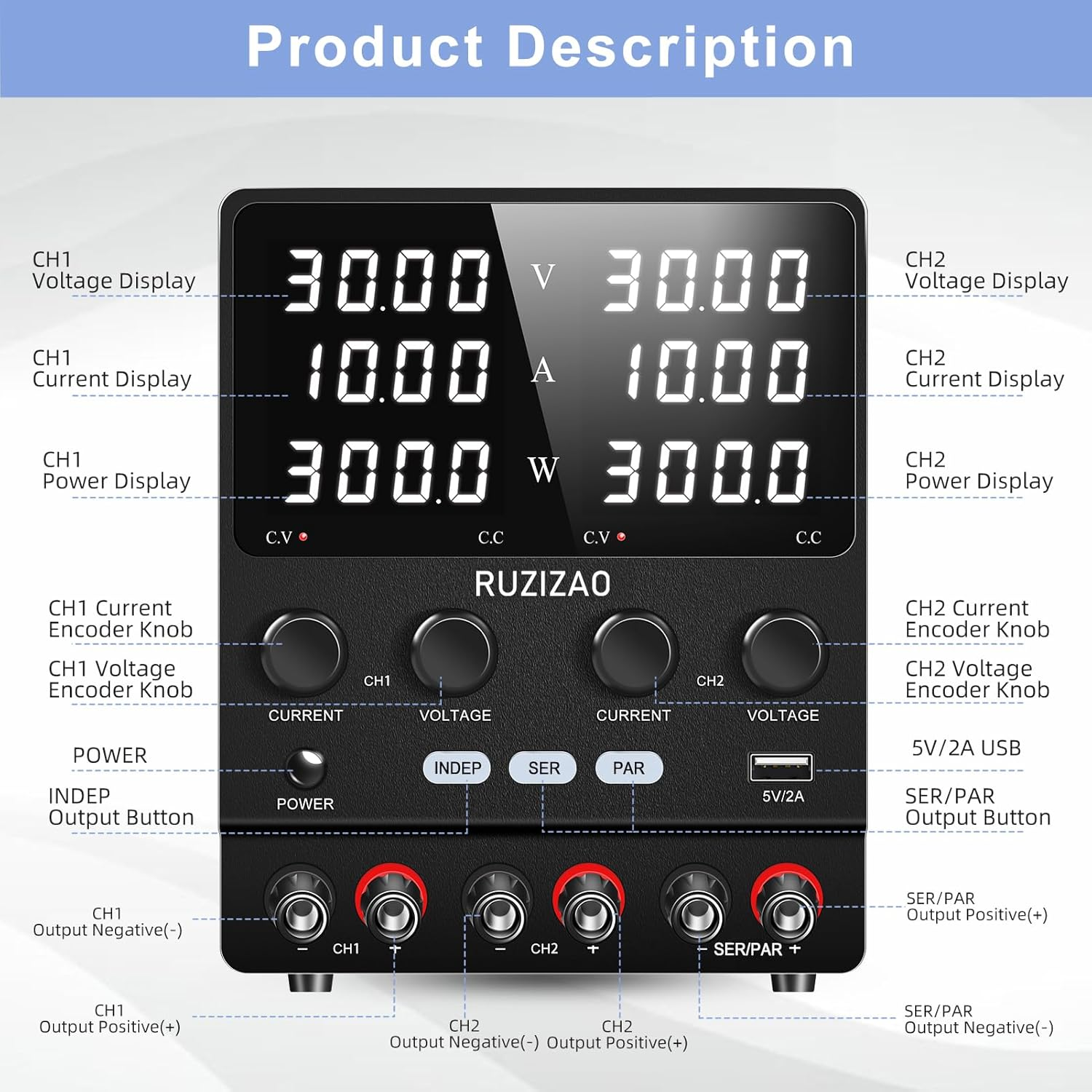 RUZIZAO Dual DC Power Supply 30V 10A, 600W Max Power Voltage Current Power Displays Series/Parallel Conversion 30V 20A/60V 10A Encoder Adjustment High Power Regulated Bench Power Supply(Ac 220V) image number 5