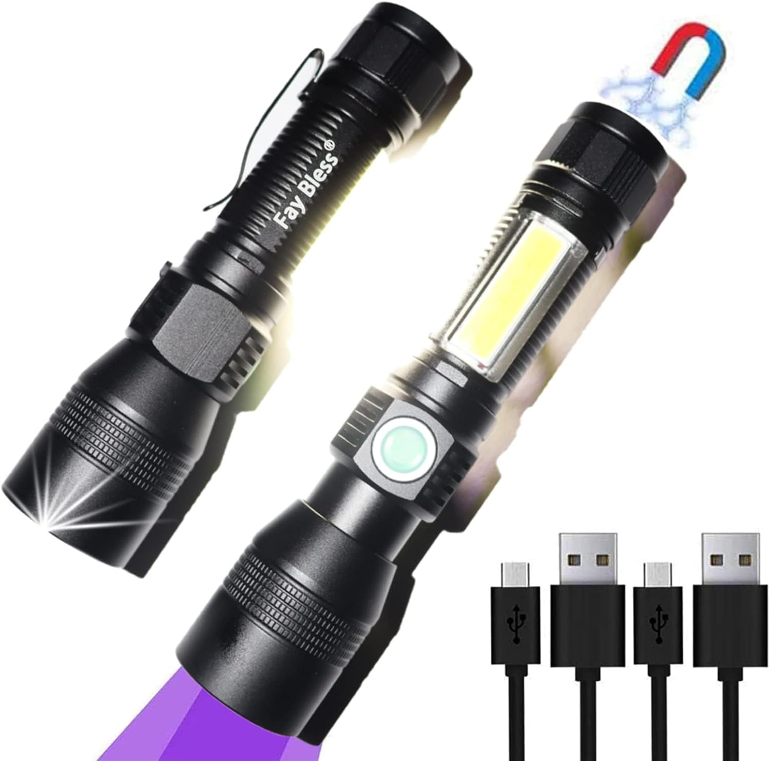 Fay Bless Blacklight Flashlights, 3 in 1 UV Flashlight Rechargeable Flashlight with Pocket Clip High Powered LED Light 7 Modes Waterproof (1Piece-With Battery)