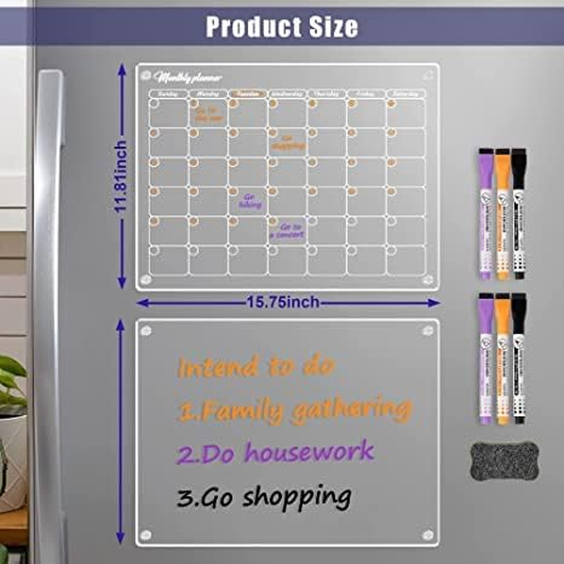 2Pcs 2025 Acrylic Magnetic Dry Erase Board Calendar for Fridge, 16&rdquo;X12" Clear Acrylic Dry Erase Board for Refrigerator, Reusable Magnetic Monthly Planner and Whiteboard image number 1