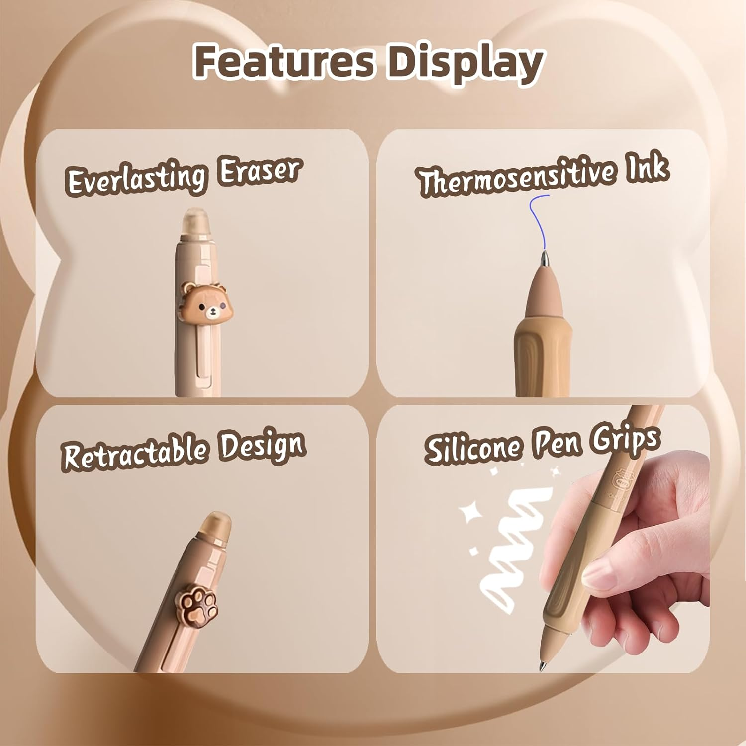 Erasable Ballpoint Pen Set with 4 Animal Pens Bear Bee Paw Honey Pot - Ball at the End for Removing Ink - Blue Ballpoint Pen - Diameter of Lead 0.5 - Erasable Ballpoint Pen - A-Space Ink Color: Blue image number 6