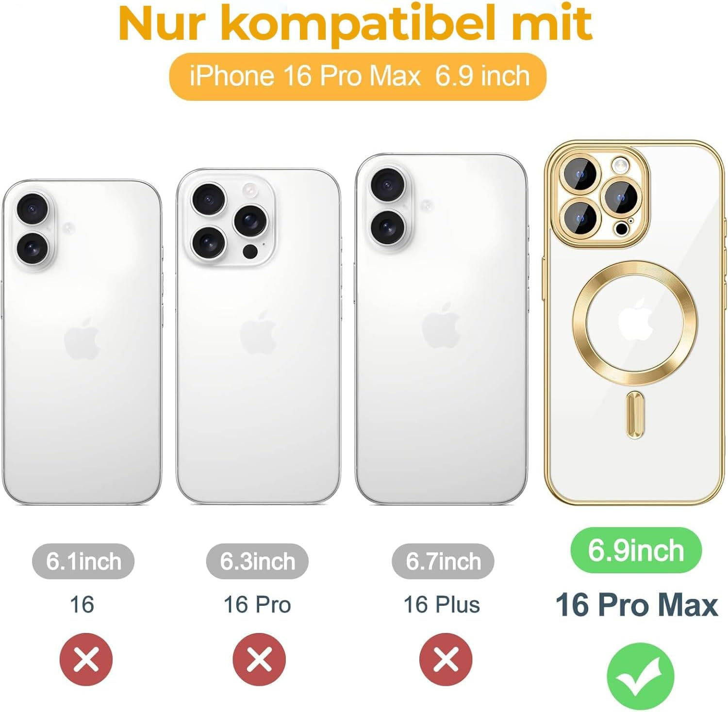 COVRELLA Iphone 16 Pro Max Case Gold, Magnetic & Transparent - Mobile Phone Case with Camera Protection & Lens Protection - Compatible with Magsafe - Shockproof & Scratch Resistant image number 2