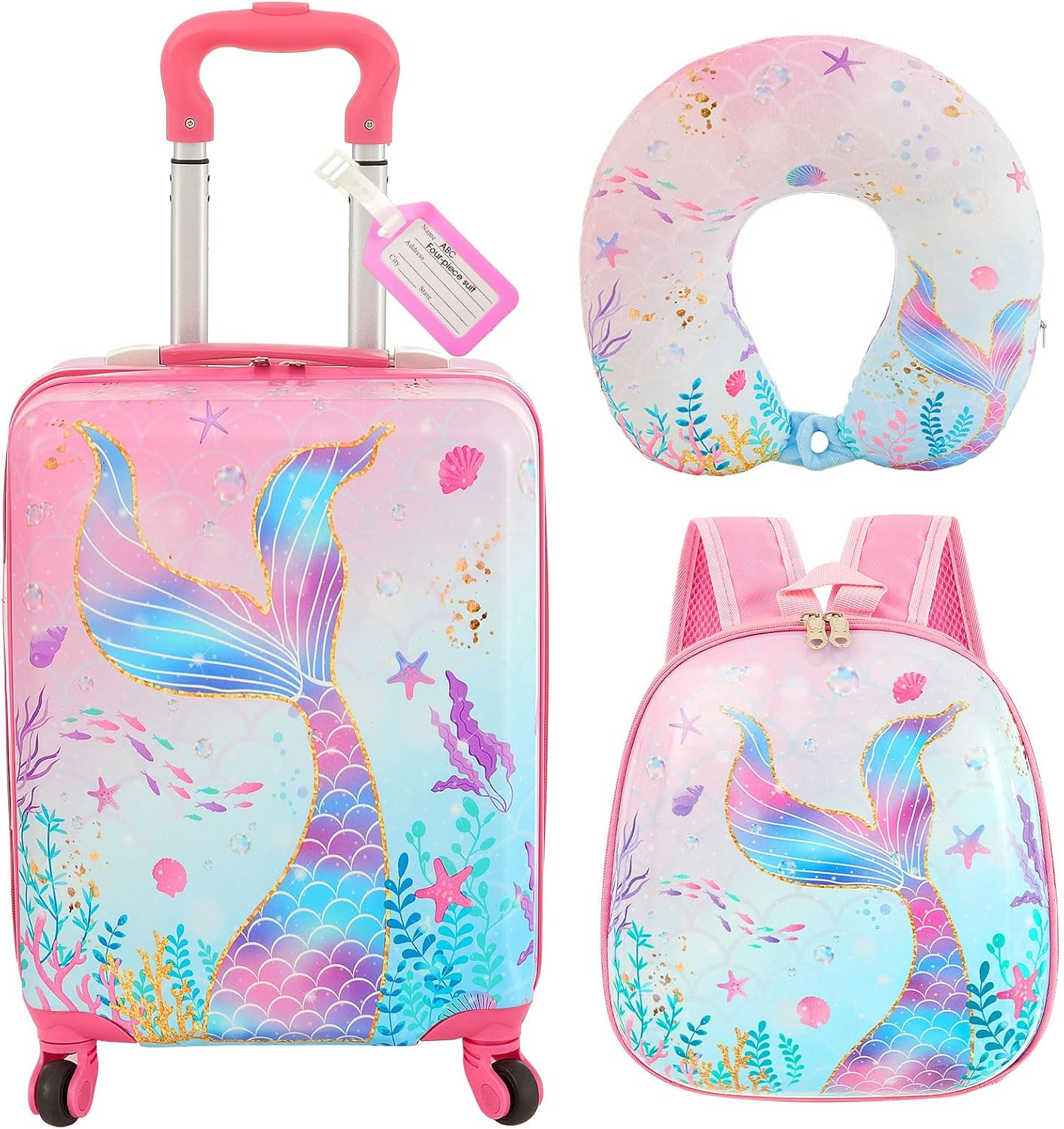 Sanwuta 4 Pcs Kids Luggage Set Kids Backpack Travel Rolling Suitcase with Wheels U-Shape Pillow Childrens Gift for Girls Boys, Rainbow Pink, 17 Inch, Rainbow Style