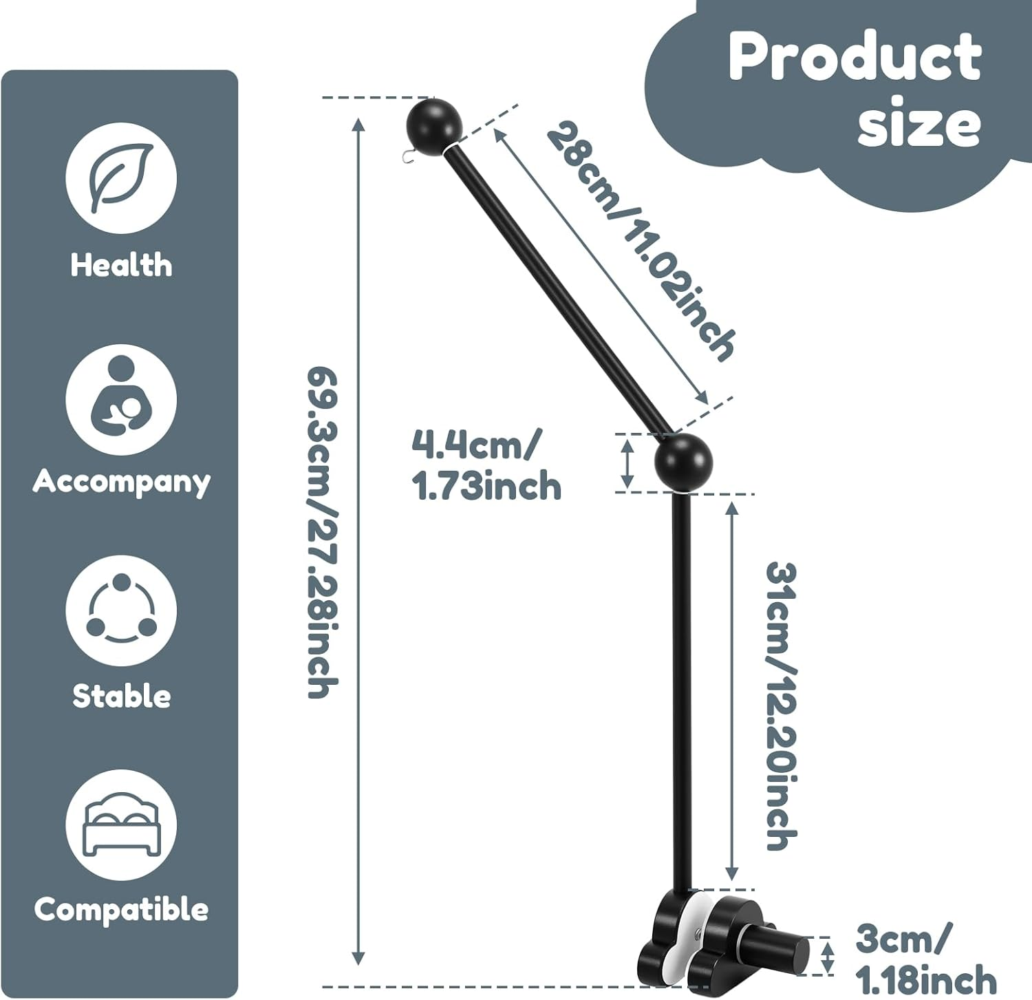 Crib Mobile Arm, Easy Installation Crib Mobile Holder Hanging Attachment Set with No Slip Rubber for Newborn Family image number 3
