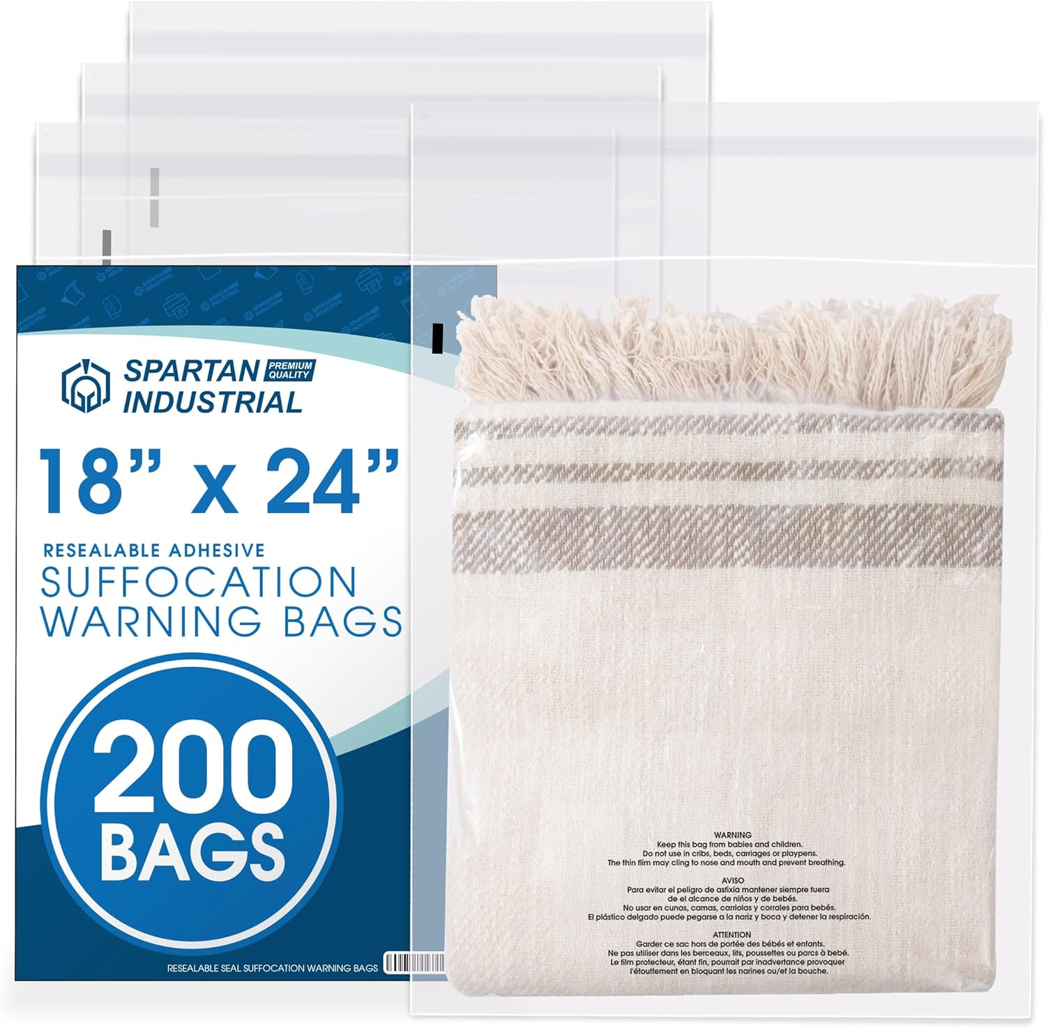 Spartan Industrial - 18&rdquo; X 24&rdquo; (200 Count) Self Seal Clear Poly Bags with Suffocation Warning for Packaging, Clothes - Resealable Glue image number 4