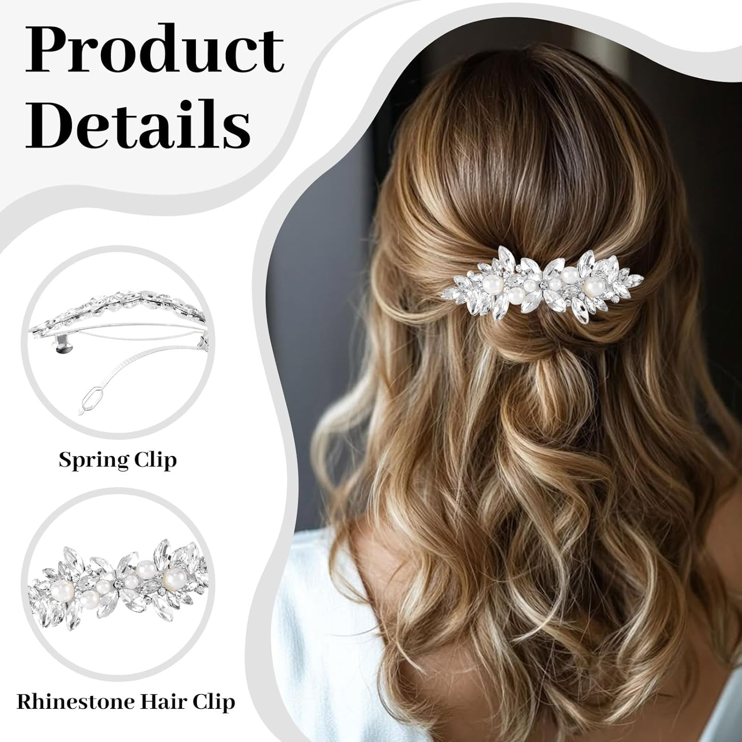 Lunarcharm Crystal Hairclips with Pearl, Silver Bridal Hair Accessories for Women, Sparkling Crystal Hair Pins, Unique Floral Hairclips for Wedding, Bride, Long Hair image number 5