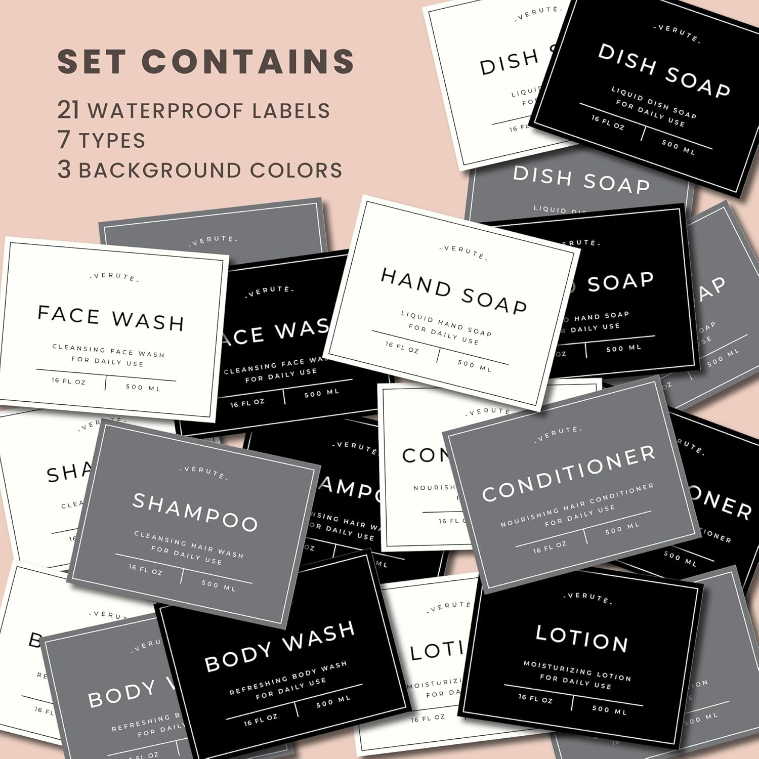 Verute 16Oz Glass Soap Dispenser with Stainless Steel Pump, 21 Waterproof Labels, Non-Slip Protective Silicone Pad, Set of 2 for Bathroom & Kitchen (Matte Black Bottle/Black Pump) image number 6