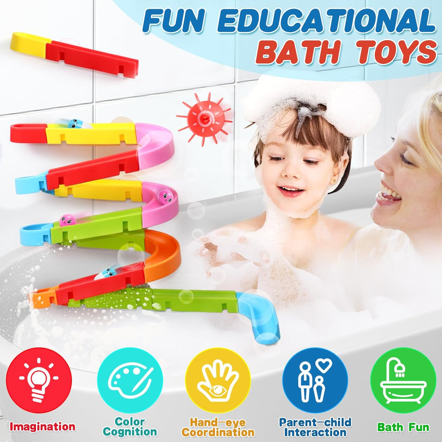 Fajiabao Bath Toys Slide Splash Water Ball Track Stick to Wall Bathtub for Toddlers DIY Waterfall Pipe and Tubes Tub Toys with Suction Wheels Gift for Kids Boys Girls Age 3 4 5 6 7 Years Old image number 1