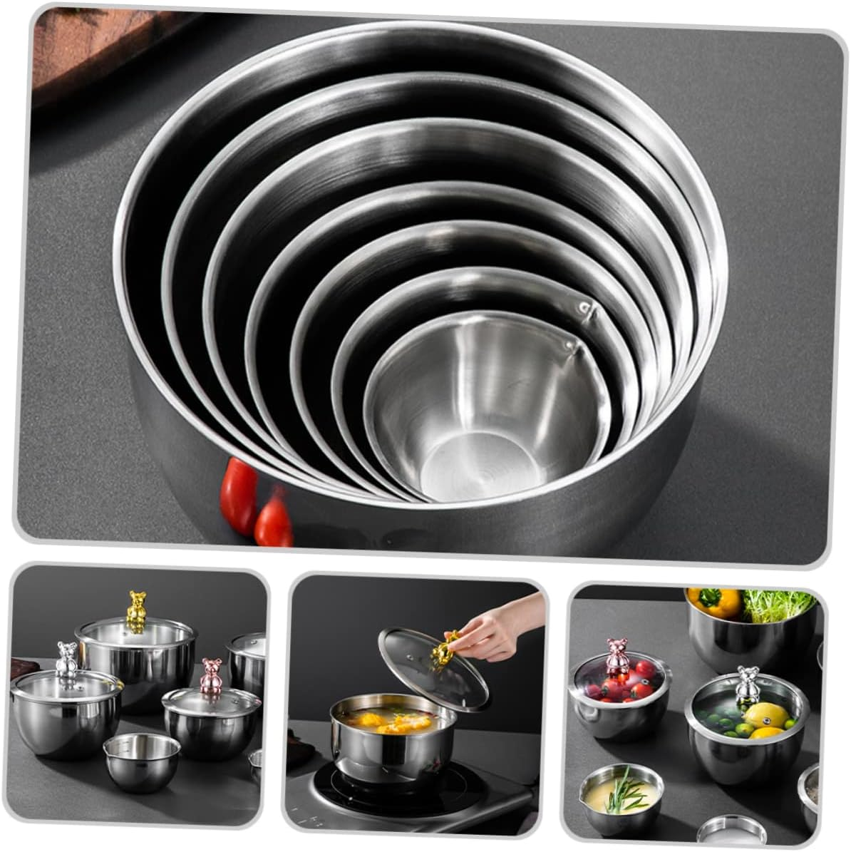 WOONEKY Stainless Steel Mixing Bowl for Dough and Salad Glass Lid Food Prep Bowl for Kitchen Baking and Serving image number 4