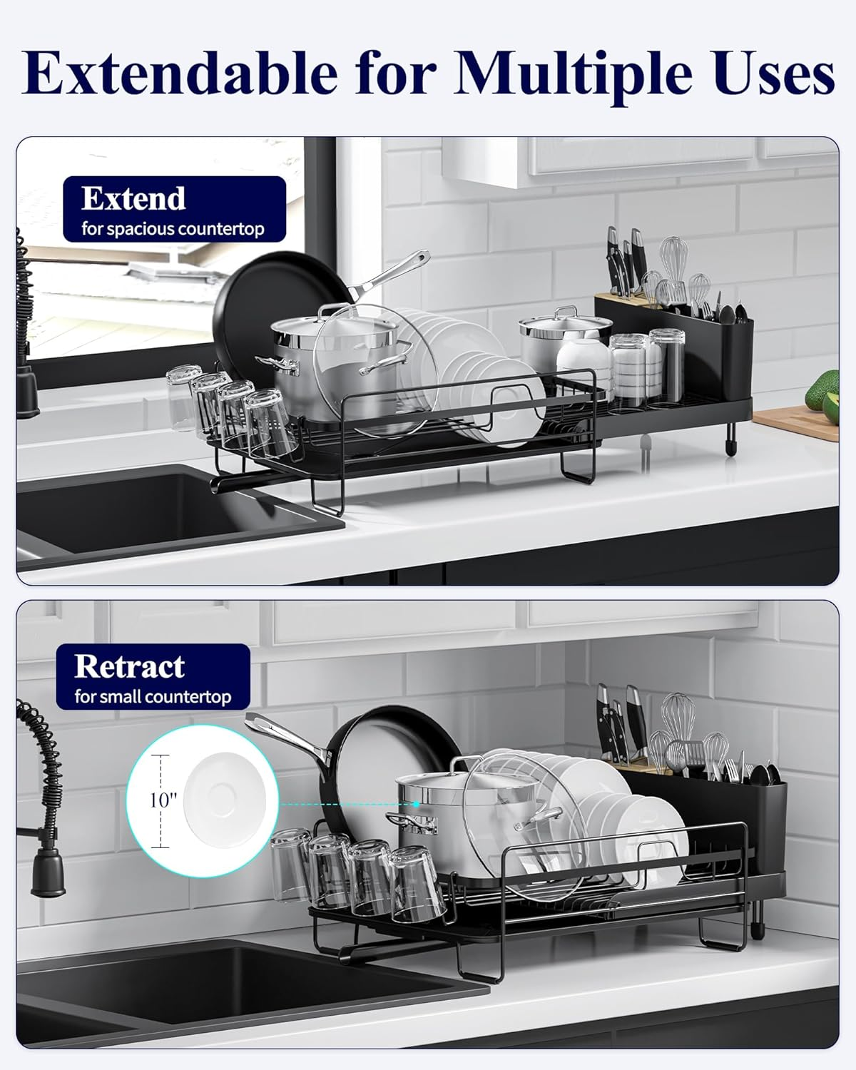 Kitsure Large Dish Drying Rack - Extendable Dish Drainer Rack with Cutlery & Cup Holders for Kitchen Counter, Kitchen Storage & Organisation, 67.8 X 32.7 X 14.9 Cm, Black image number 4