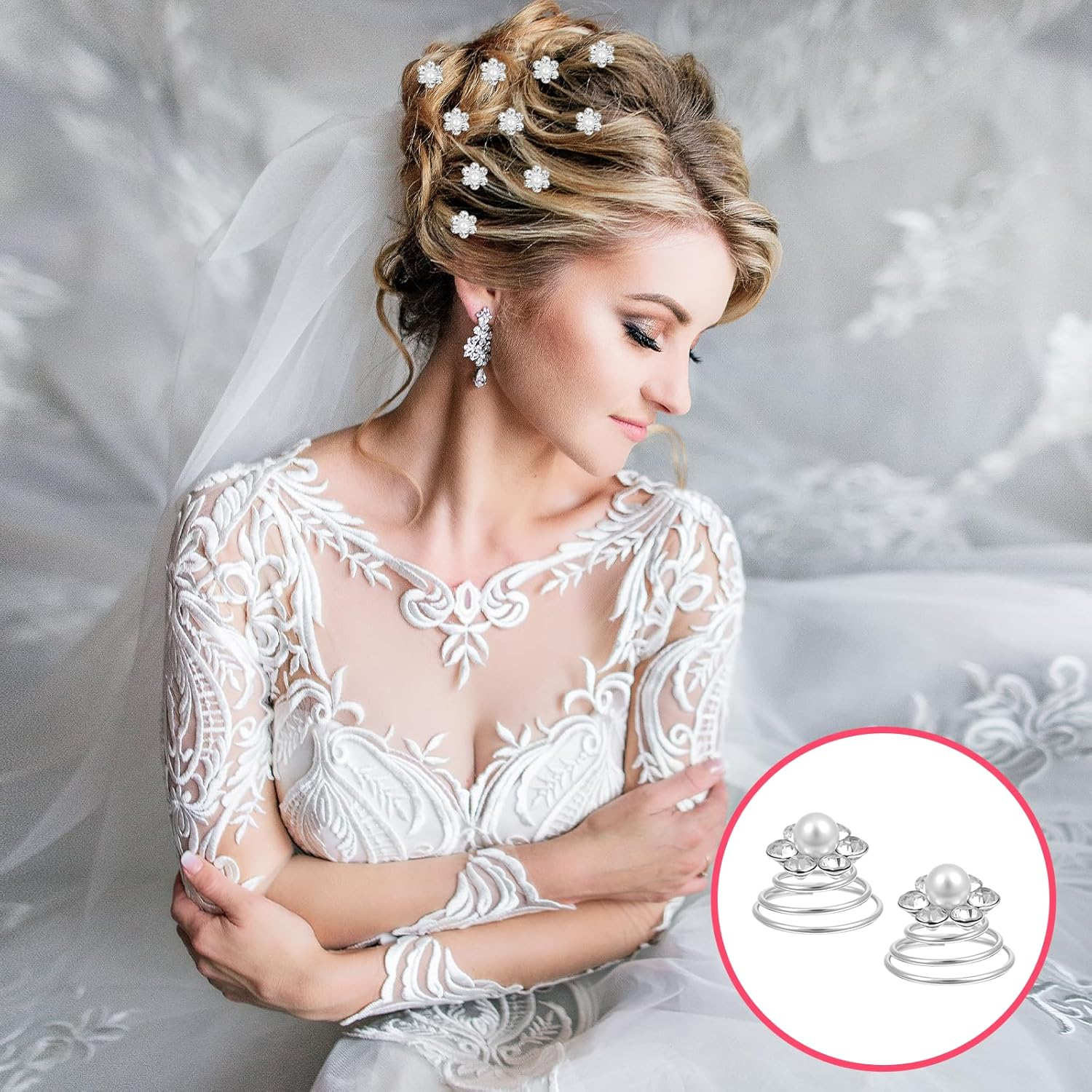 60 Pcs Gems Rhinestone Twister Hair Studs Set, Diamond Spiral Pearl Flower Jewels Hair Pins Silver Rhinestone Hairpin Coil Decorative Accessories for Bridal, Bridesmaid Wedding Party (3 Styles) image number 2