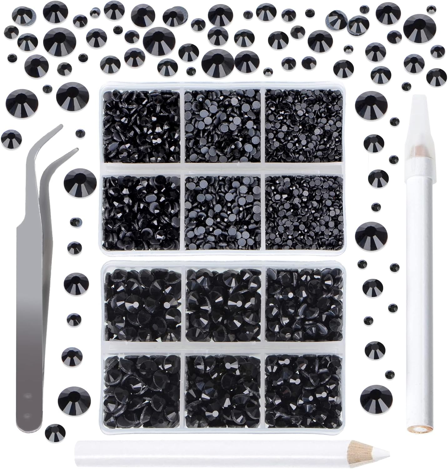 QOGIR 6300Pcs Fuchsia Hotfix Rhinestones for Crafts Clothes DIY with Tweezers and 2 Picking Pens Mixed Size Flatback Rhinestone