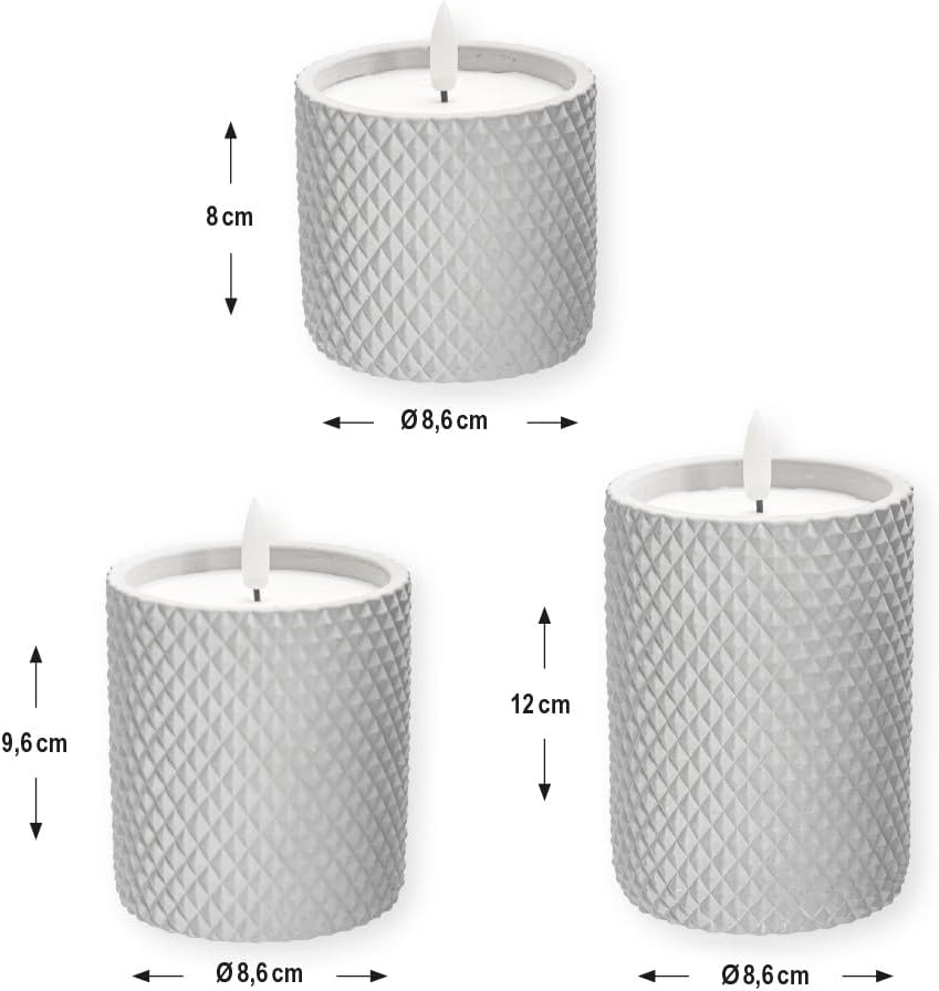 Ideen Mit Herz LED Real Wax Candles | in Decorative Concrete Containers | Set of 3 | 3 Different Sizes | round with Diamond Pattern | Battery Operated | with Timer Function image number 2