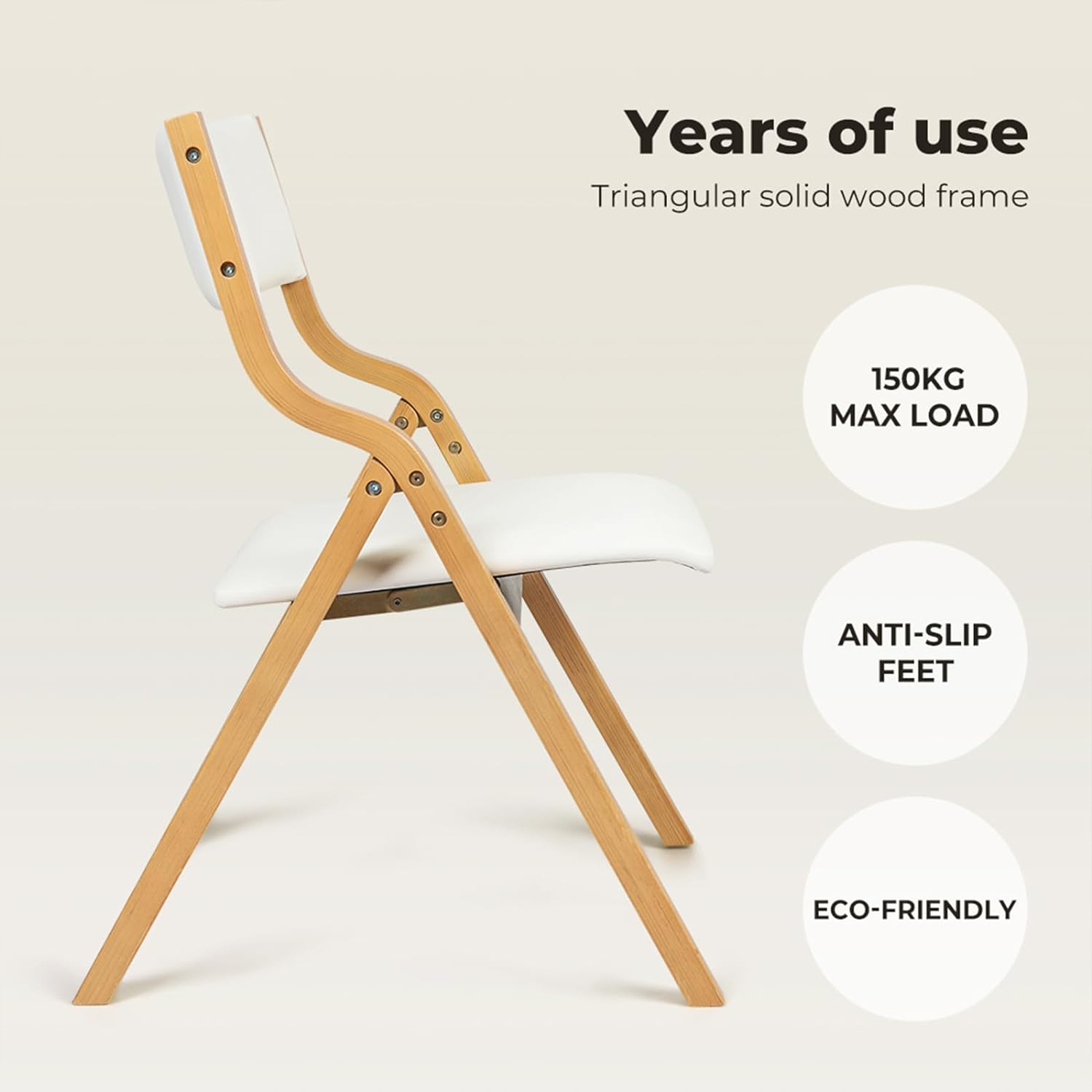 LEVEDE Set of 2 Folding Chairs, Full Assembly Dining Chairs, Solid Wood Frame Reading Seat, PU Leather Casual Chairs for Living Room, Cafe, Dining Room, Camping, Load up to 150Kg (Beige) - Beige image number 4