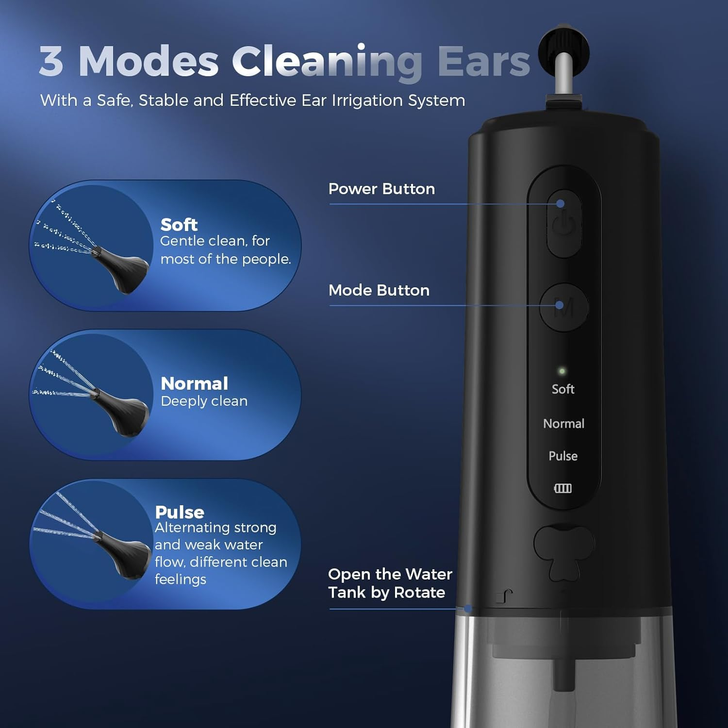 Kisfam Ear Cleaner Ear Wax Removal, Ear Wax Cleaner with 6 Reusable Replacement Tips and 3 Water Pressure Modes, Safe Electric Ear Wax Removal Tool, IPX7 Waterproof USB-C Rechargeable Black image number 4