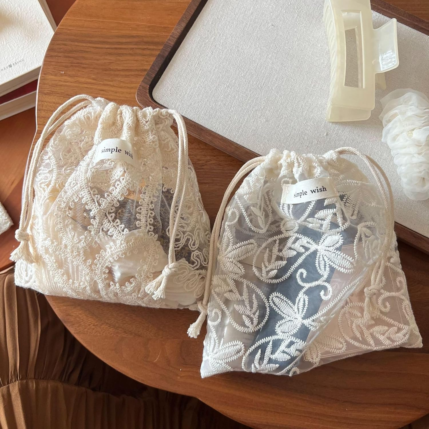 Sminra Mesh Drawstring Makeup Bag Pouch Lace Organizer, Small Drawstring Coquette Aesthetic Cute Travel Toiletry Insert Bag Gift for Women and Girls, Bonestring Embroidery, Aesthetic - Cotton Floral Embroidery image number 6