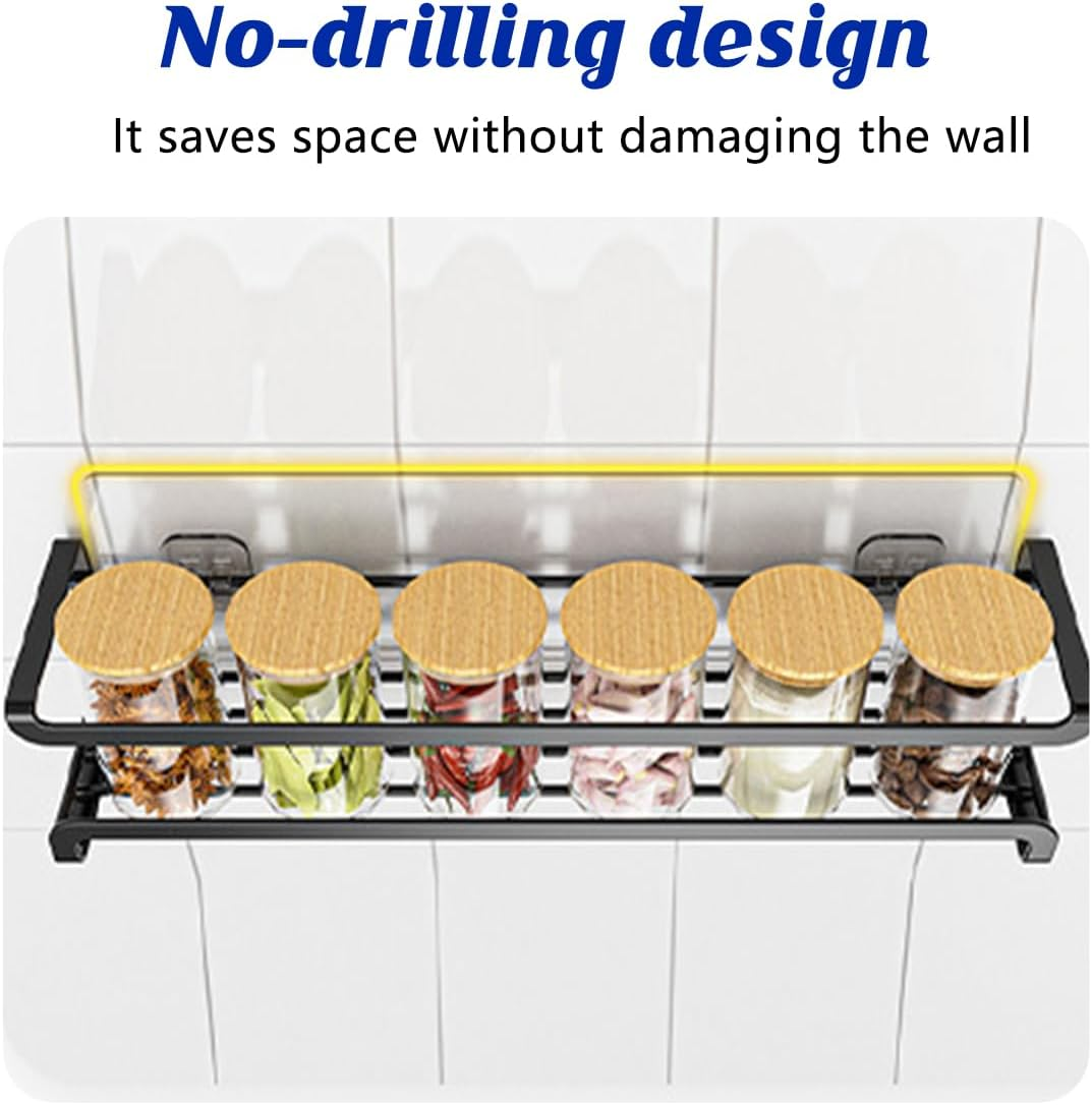 AIMALL 4PCS Stainless Steel Kitchen Seasoning Rack Set Wall Mounted Carbon Steel Punch-Free Spice Storage Shelf with Drainage Design for Bottles and Condiments