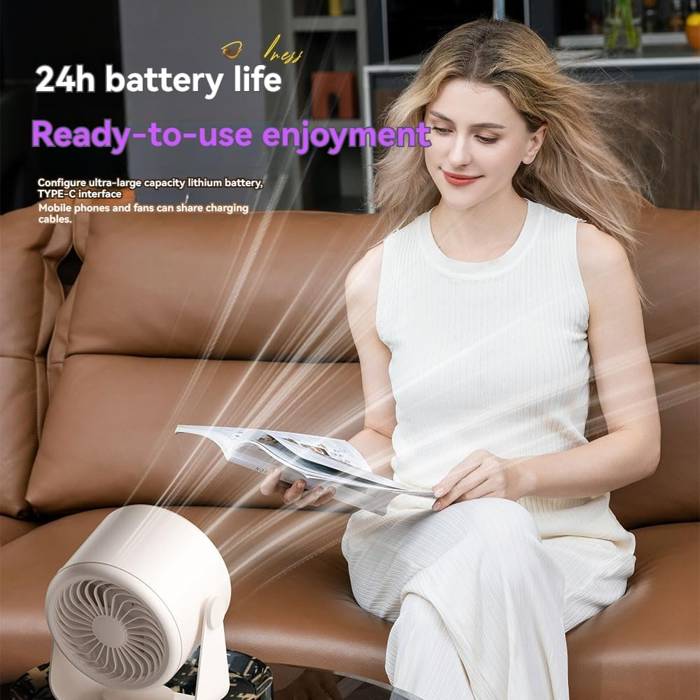 USB Desk Fan with LED Display & 5400Mah Battery, 5-Speeds Adjustable, 90&deg; Tilt Hangable Quiet Portable Table Rechargeable Desktop Fan for Bedroom, Office, Dorm, Kitchen, Wall, Home (Khaki) - Pink image number 5