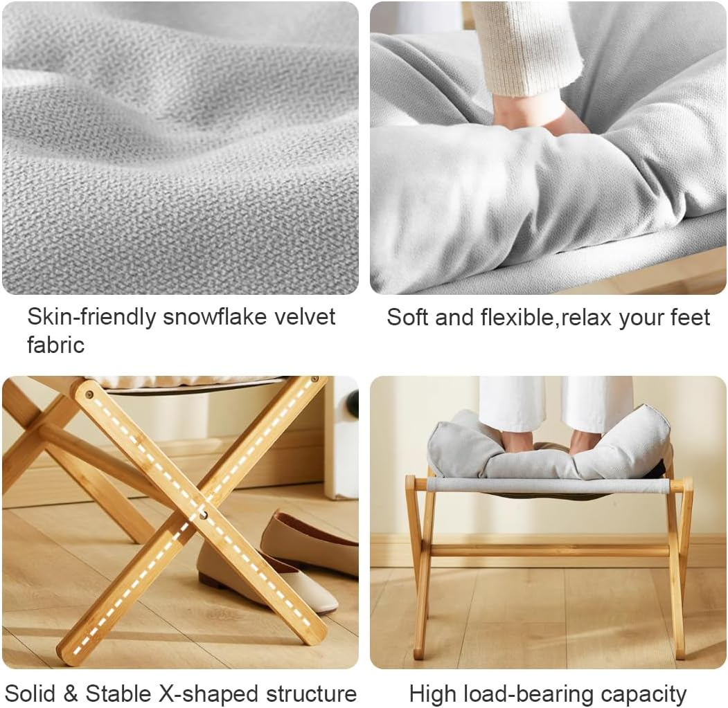 Huaniun Folding Foot Rest Cushion, Small Portable Bamboo Accent Ottoman, Footstool with Detachable Cotton Cushion Padded Comfort Foot Stool for Reading, Gaming, Office and Home image number 2
