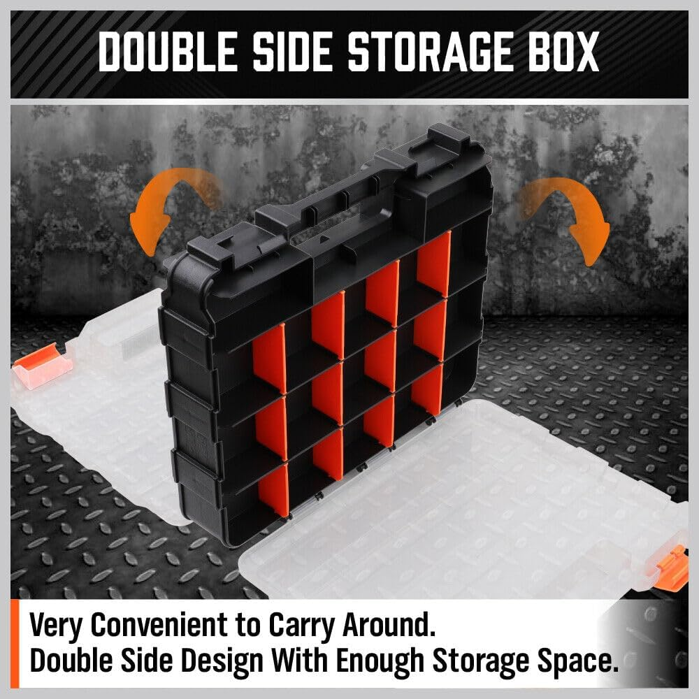 HORUSDY 34-Compartments Double Sided Organizer, Storage Box with Impact Resistant Polymer and Customized Removable Plastic Dividers, Storage and Carry Tool Box, Black/Orange image number 3