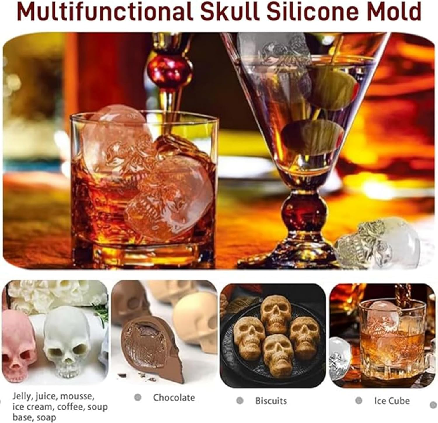 4 Cavity 3D Skull Ice Cube Mold,Easy Release Silicone Mold， for Whiskey,Easy Release Silicone Mold，Bourbon, Cocktails and Juice(Black) image number 2
