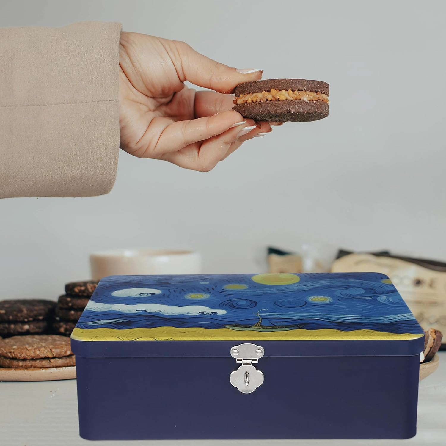 CTIRCHIU Airtight Metal Cookie Tin with Lock, Medium Celestial Storage Box, Vintage Kitchen Canister for Candy and Biscuit Organization image number 1